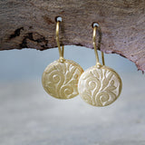 Sterling Silver Disc Earrings • Handmade Textured Hook Earrings • Engraved Art Nouveau Silver Drop Earrings • Hook Boho Flower Earrings