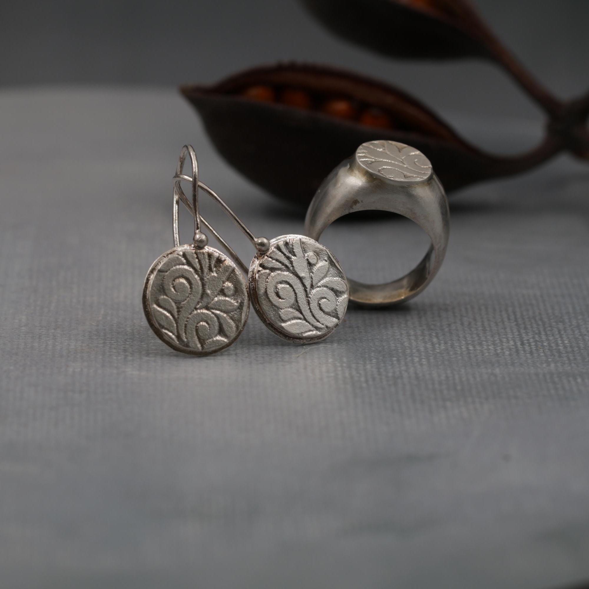 Sterling Silver Disc Earrings • Handmade Textured Hook Earrings • Engraved Art Nouveau Silver Drop Earrings • Hook Boho Flower Earrings