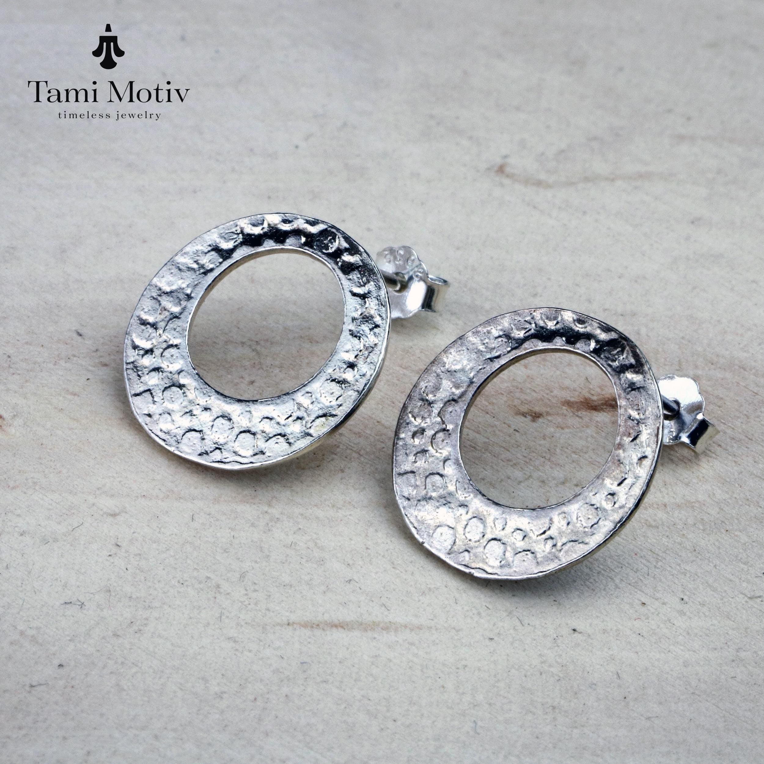 Textured Silver Circle Studs – Unique Handmade Earrings for Her • Geometric Earrings