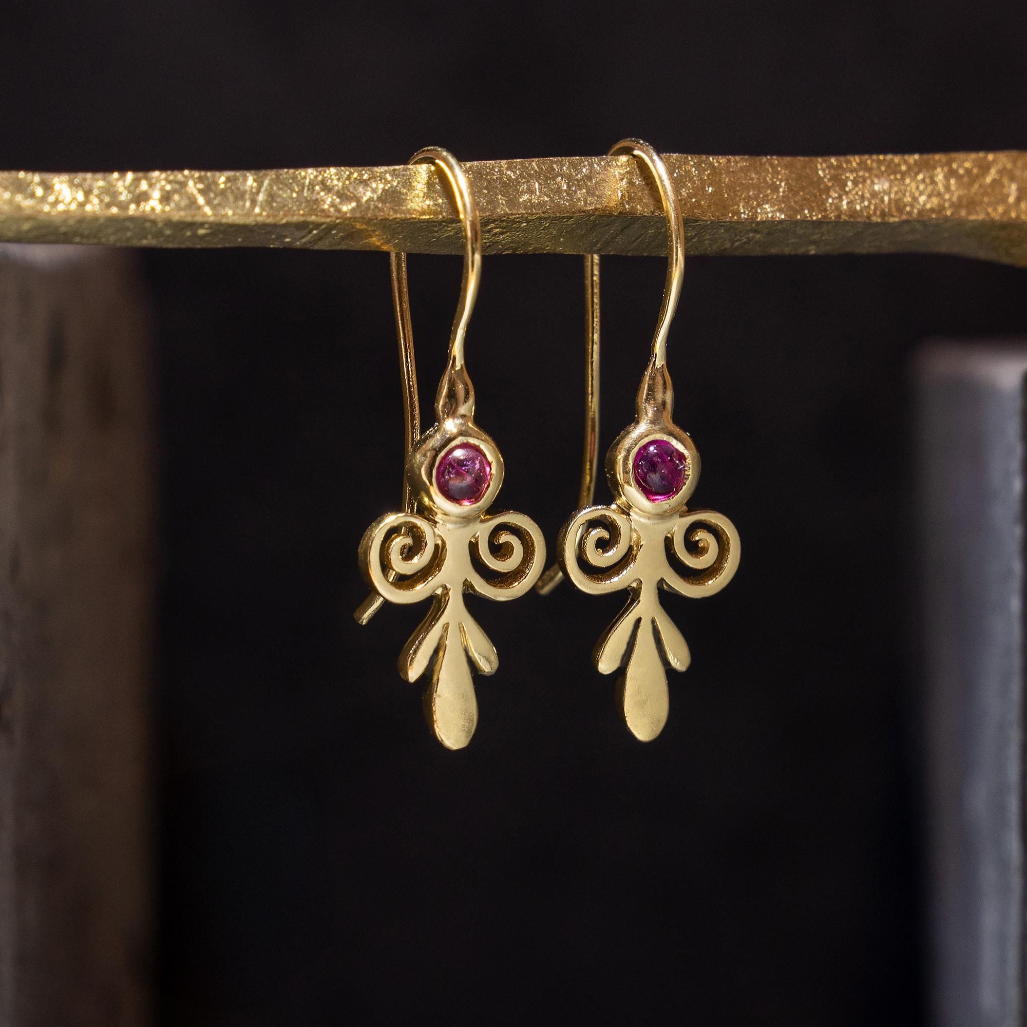 Pink Tourmaline Dangle Earrings - Vintage Spirals for Her • Floral Gold Earrings • Gift Earrings For Her • Tourmaline Birth Stone Drops