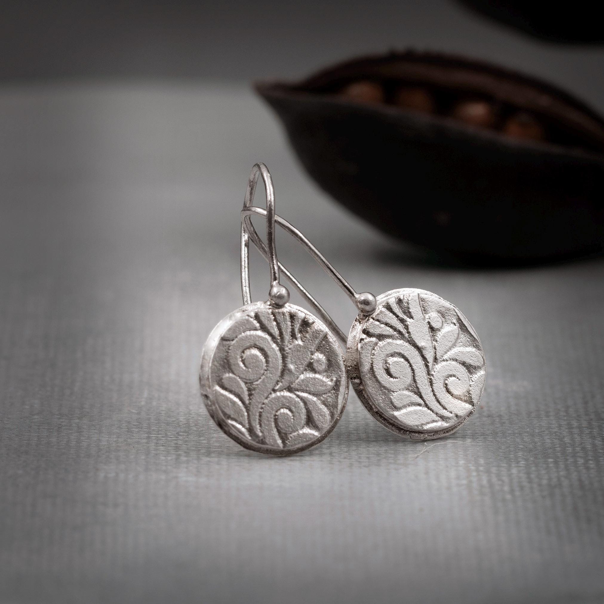 Sterling Silver Disc Earrings • Handmade Textured Hook Earrings • Engraved Art Nouveau Silver Drop Earrings • Hook Boho Flower Earrings