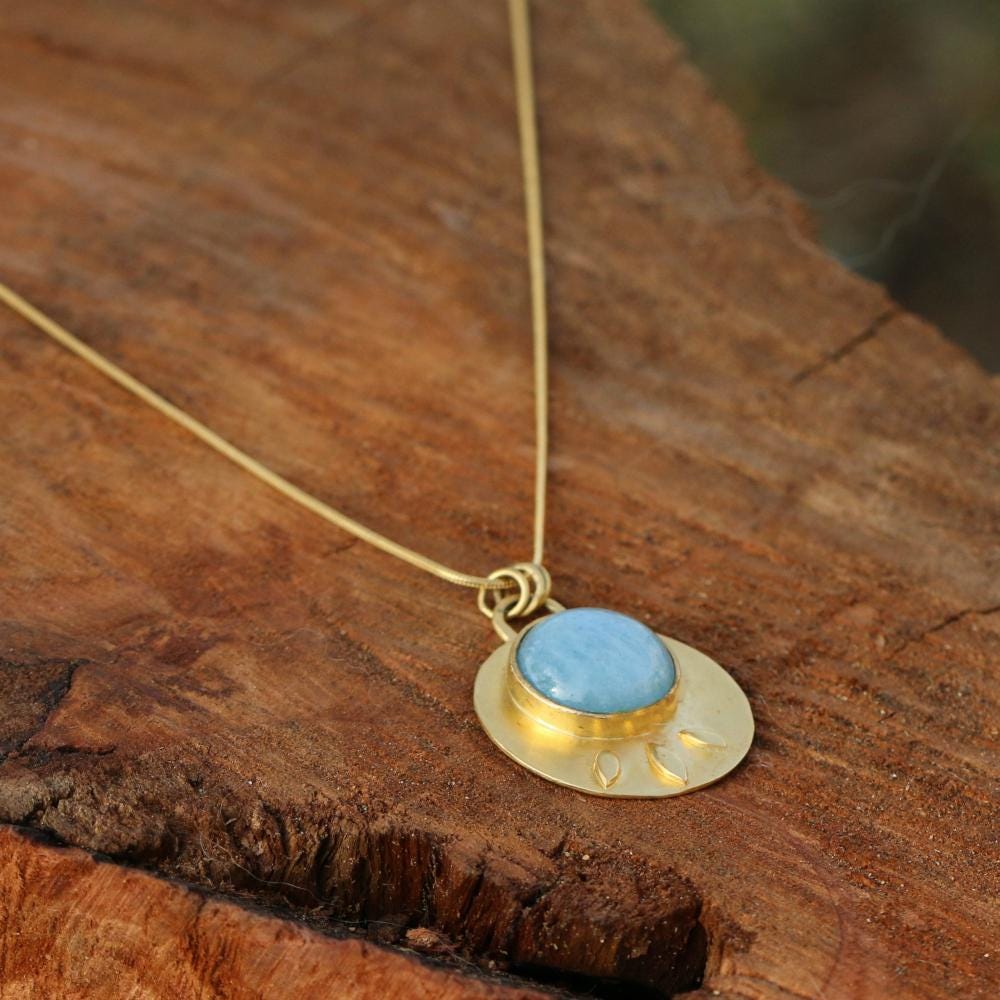 Aquamarine Birthstone Pendant Necklace • Gold Round Pendant Necklace • Statement Necklace • Large Lotus Necklace • March Gift For Her.