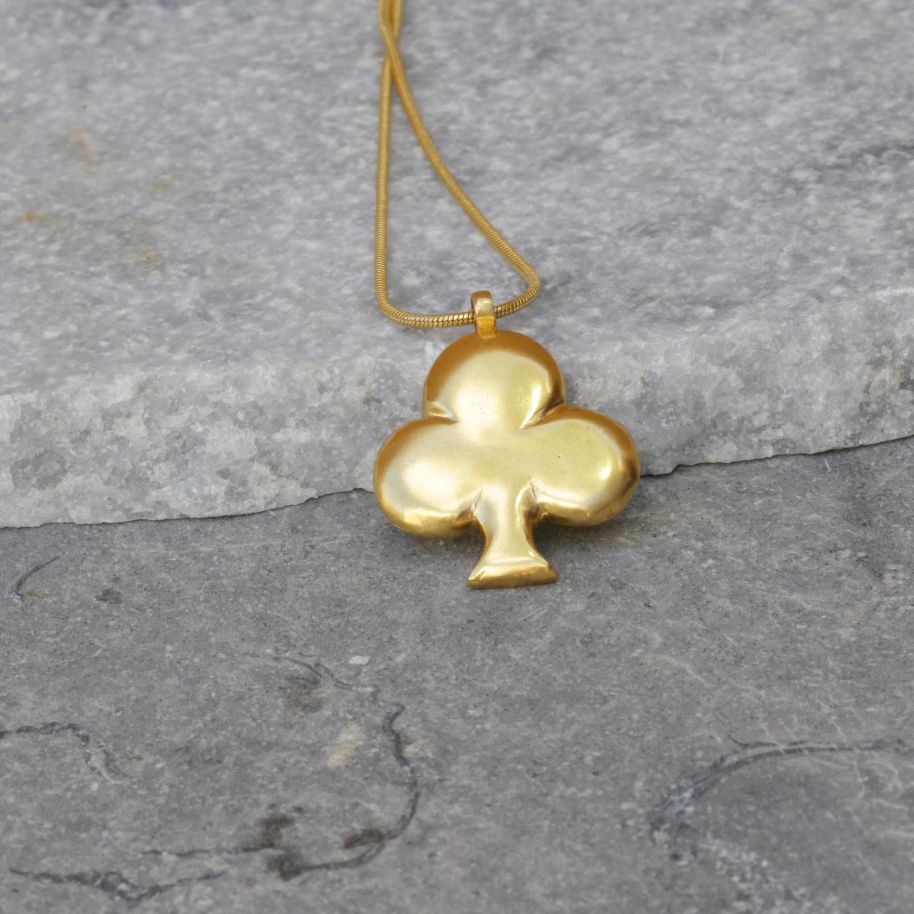 Handcrafted Gold Ace of Clubs Long Pendant Necklace for Luck • Club Symbol Pendant Necklace