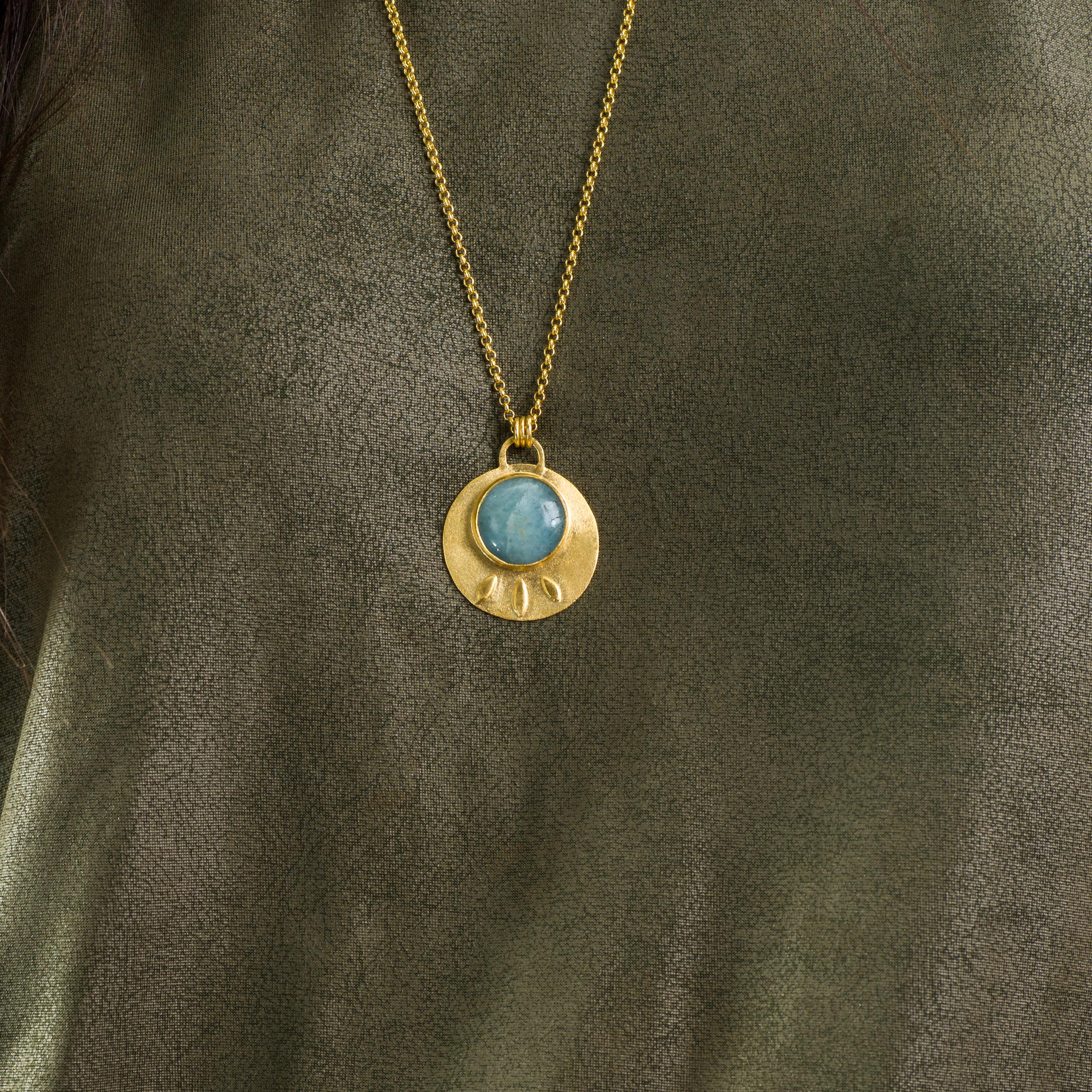 Aquamarine Birthstone Pendant Necklace • Gold Round Pendant Necklace • Statement Necklace • Large Lotus Necklace • March Gift For Her.