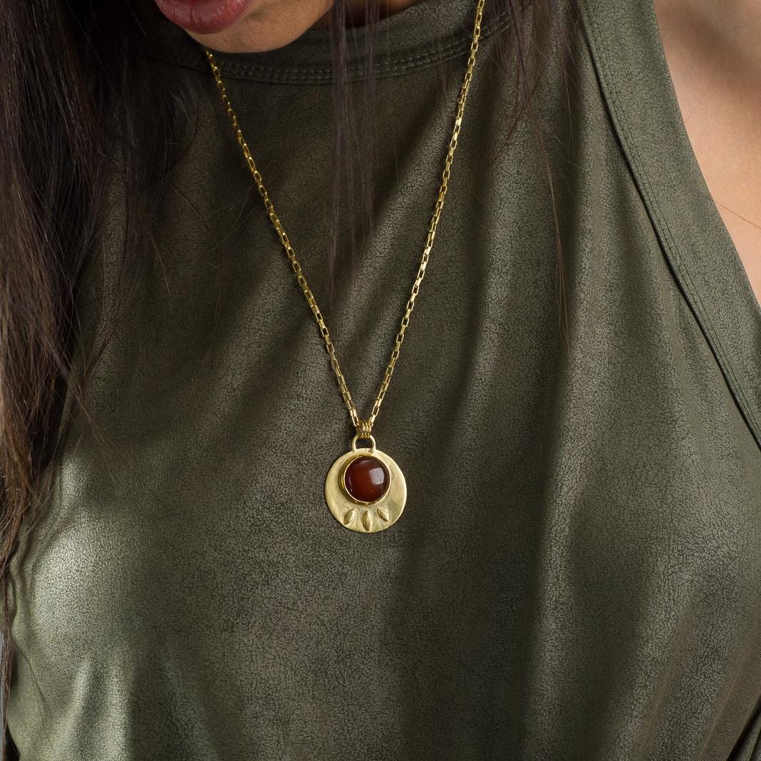 Carnelian Birthstone Pendant Necklace • Gold Round Pendant Necklace • Large Lotus Statement Necklace • Handcrafted July Gift For Her