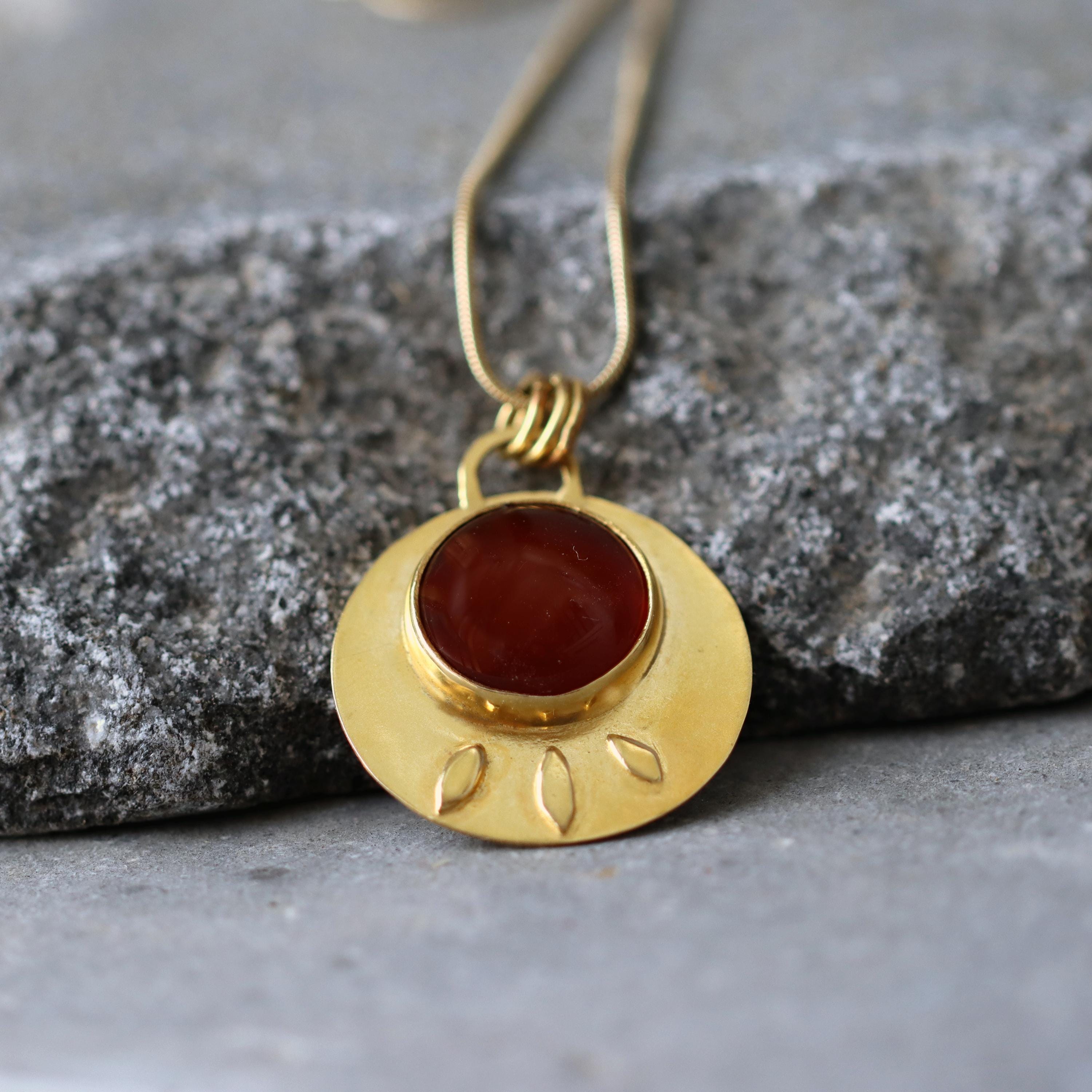 Carnelian Birthstone Pendant Necklace • Gold Round Pendant Necklace • Large Lotus Statement Necklace • Handcrafted July Gift For Her