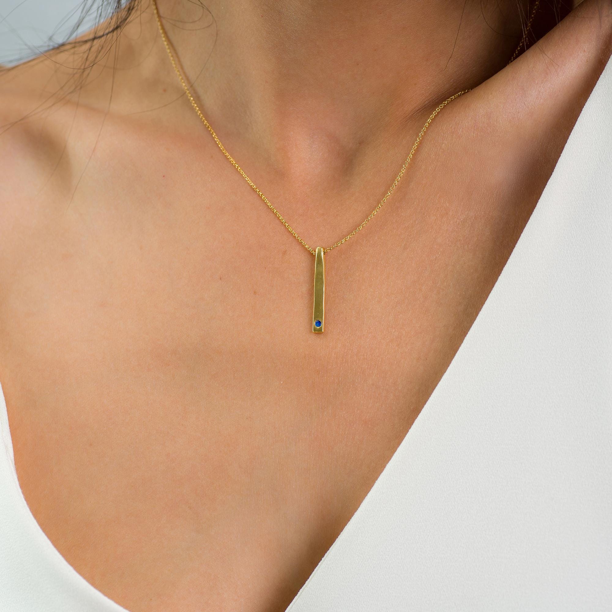 Dainty Handmade Birthstone Bar Necklace - Minimalist Layering Necklace, Vertical Bar Necklace, Lapis Bar Charm, Luck Gift, Lapis Necklace.