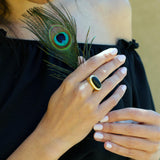 Gold Black Onyx Oval Ring - February Birthstone Cocktail Jewelry • Statement Big Ring