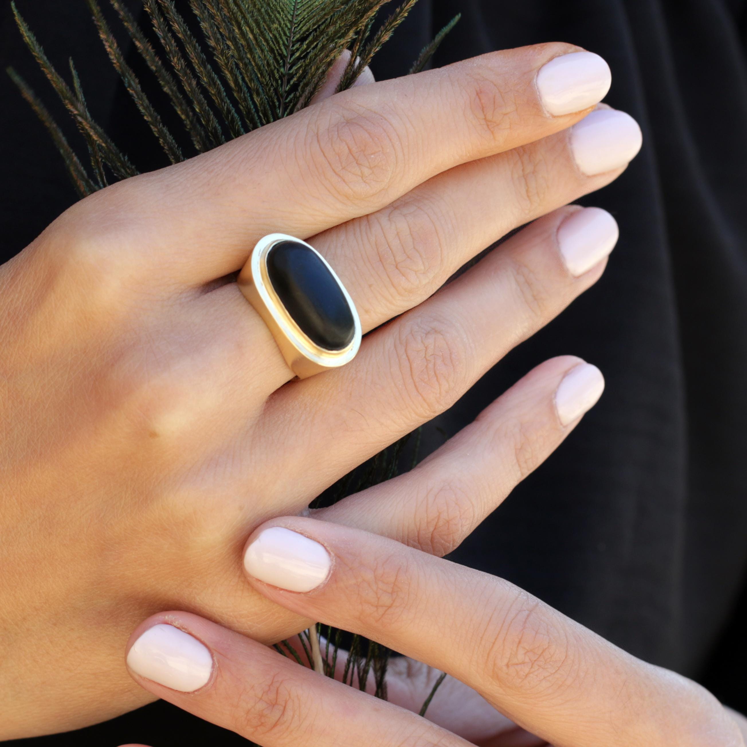 Gold Black Onyx Oval Ring - February Birthstone Cocktail Jewelry • Statement Big Ring
