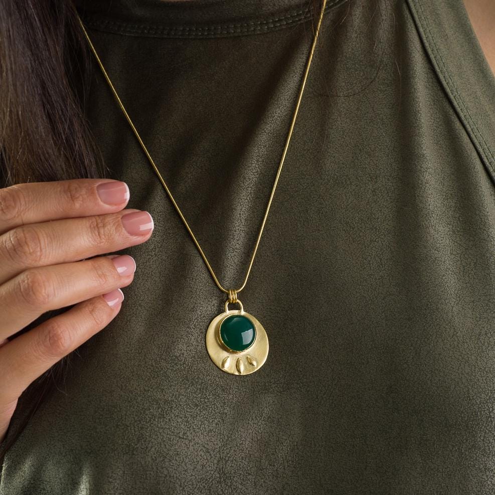 Gold Long Chain Round Green Onyx Pendant - Gemstone Necklace • Handcrafted Statement Necklace • February Birthstone Gift for Women