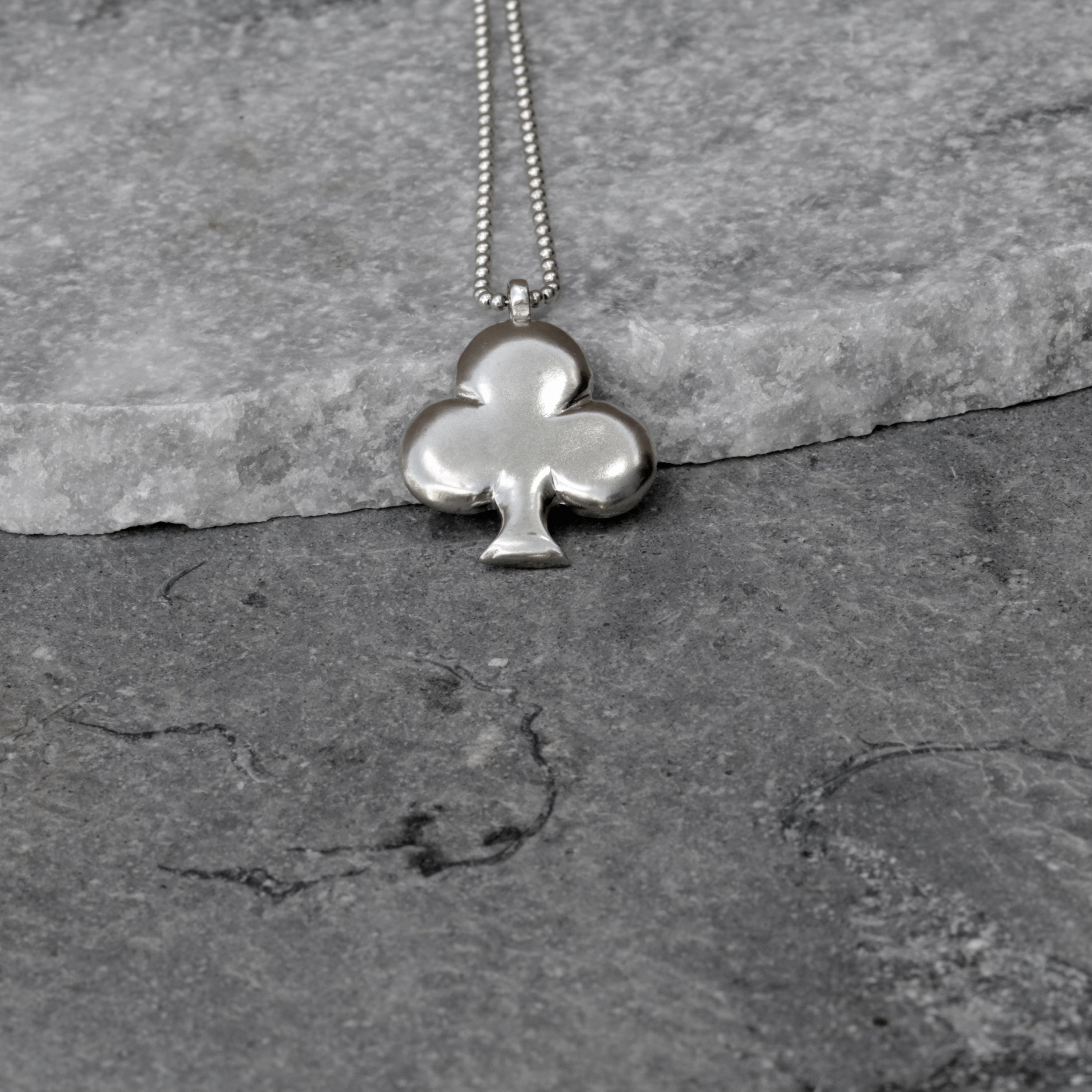 Silver Ace of Clubs Long Pendant Necklace - Unique Handcrafted Design • Clubs Symbol Charm Necklace
