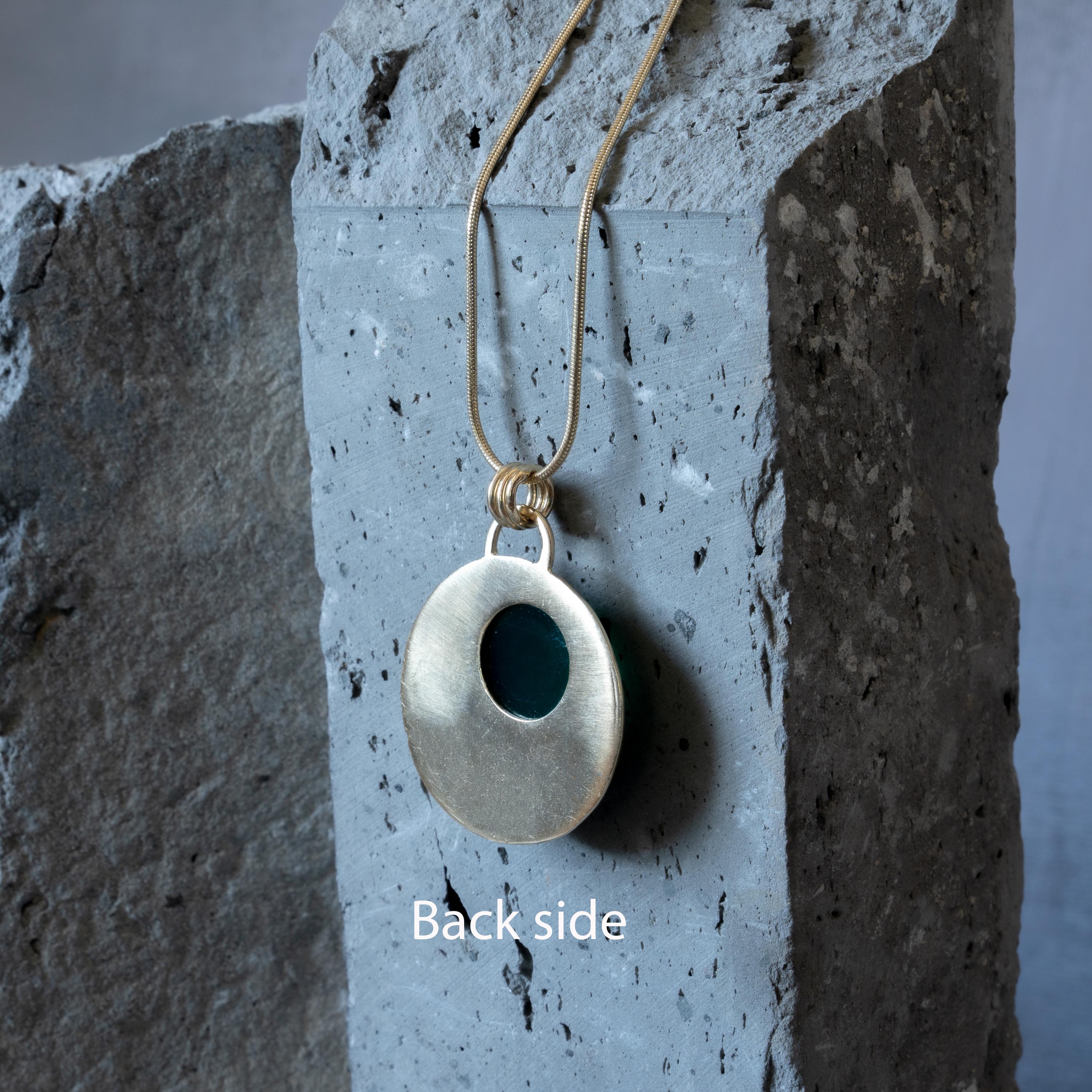 Green Onyx Stone Statement Round Pendant - Handmade Long Gold Necklace
