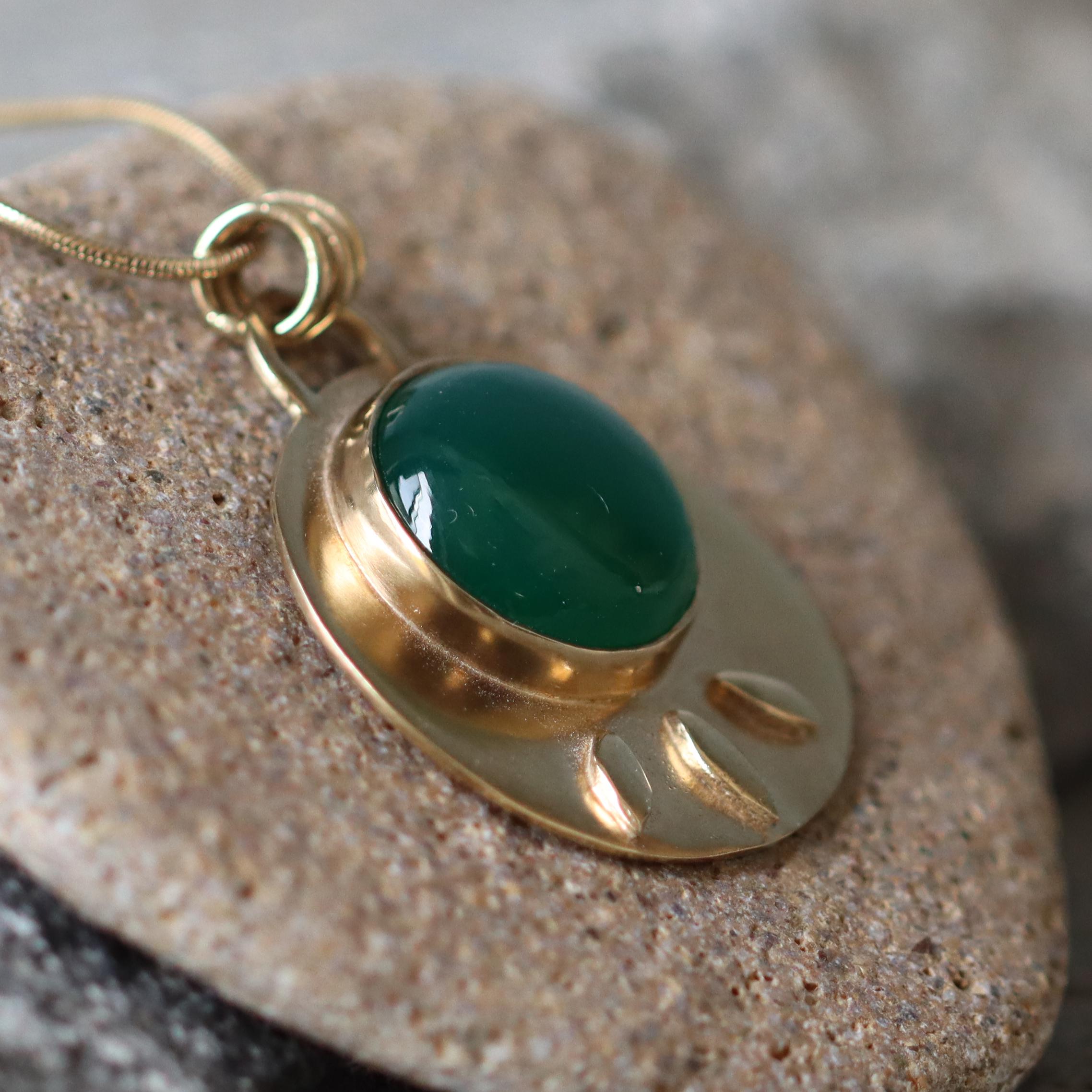 Gold Long Chain Round Green Onyx Pendant - Gemstone Necklace • Handcrafted Statement Necklace • February Birthstone Gift for Women