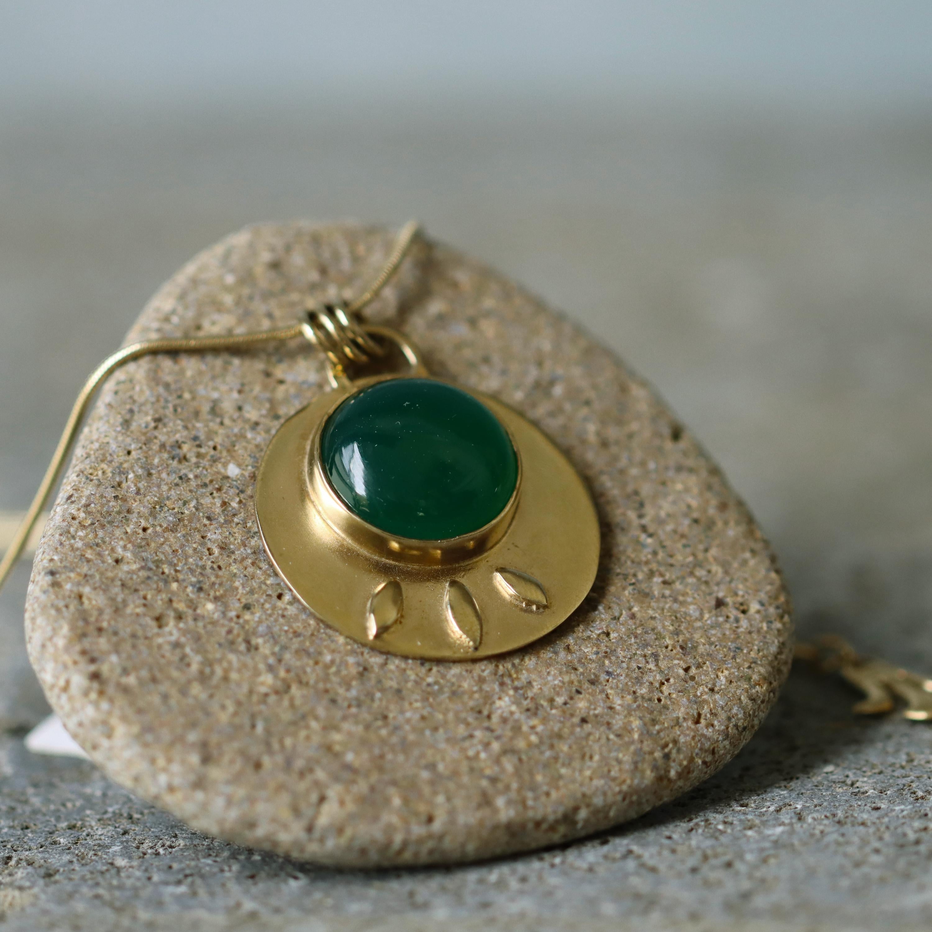 Gold Long Chain Round Green Onyx Pendant - Gemstone Necklace • Handcrafted Statement Necklace • February Birthstone Gift for Women