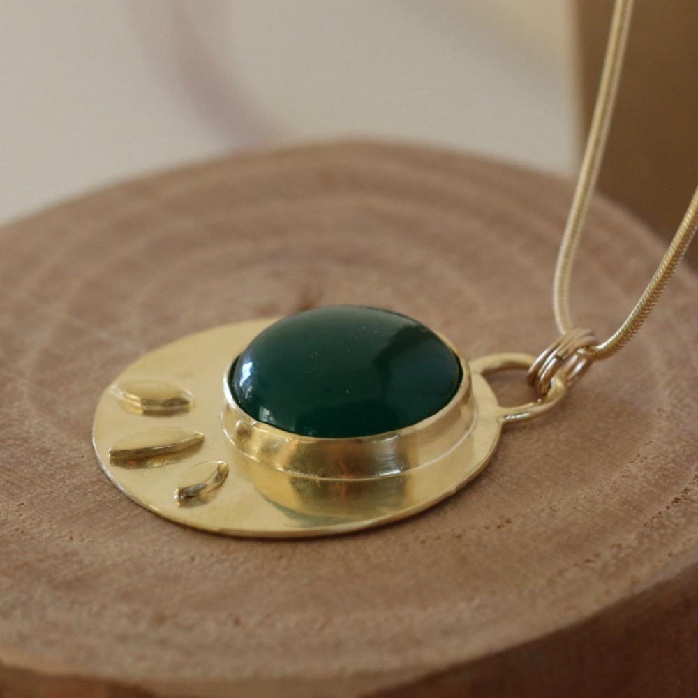 Gold Long Chain Round Green Onyx Pendant - Gemstone Necklace • Handcrafted Statement Necklace • February Birthstone Gift for Women