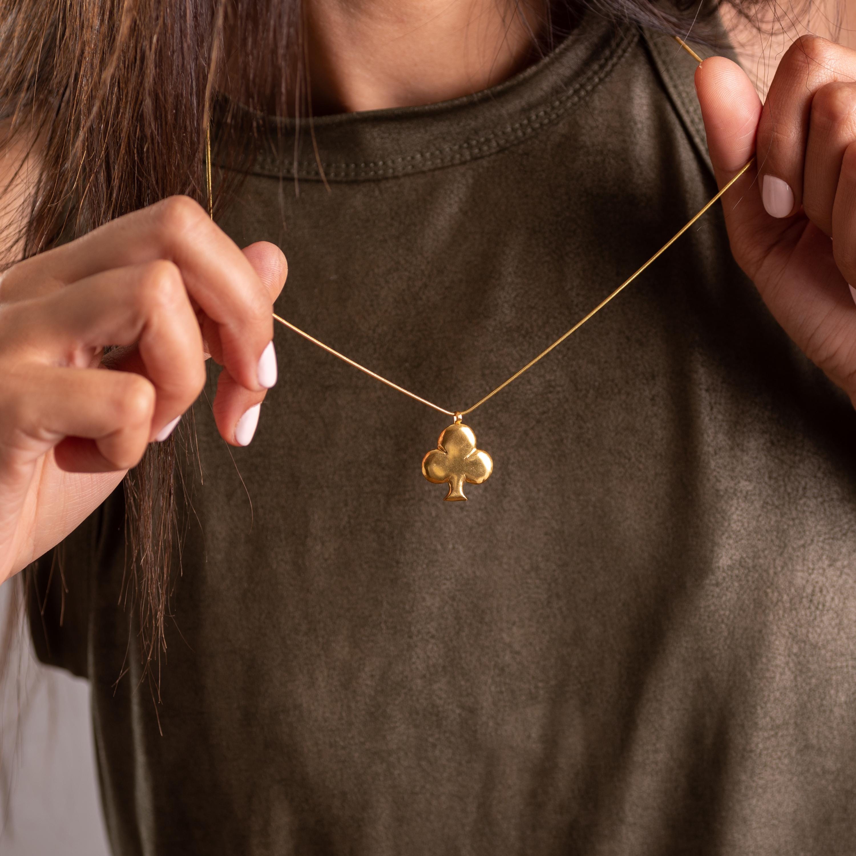 Handcrafted Gold Ace of Clubs Long Pendant Necklace for Luck • Club Symbol Pendant Necklace