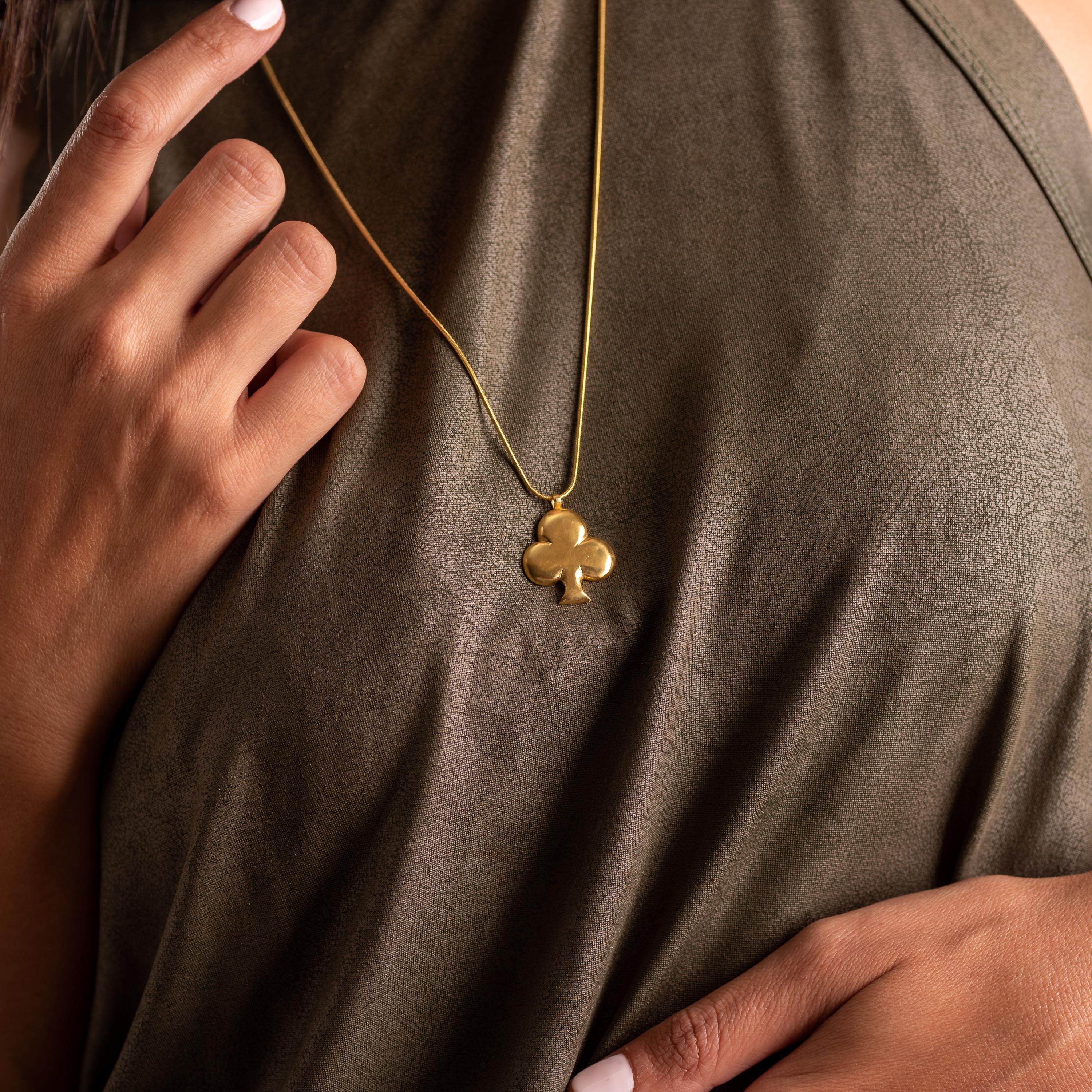 Handcrafted Gold Ace of Clubs Long Pendant Necklace for Luck • Club Symbol Pendant Necklace