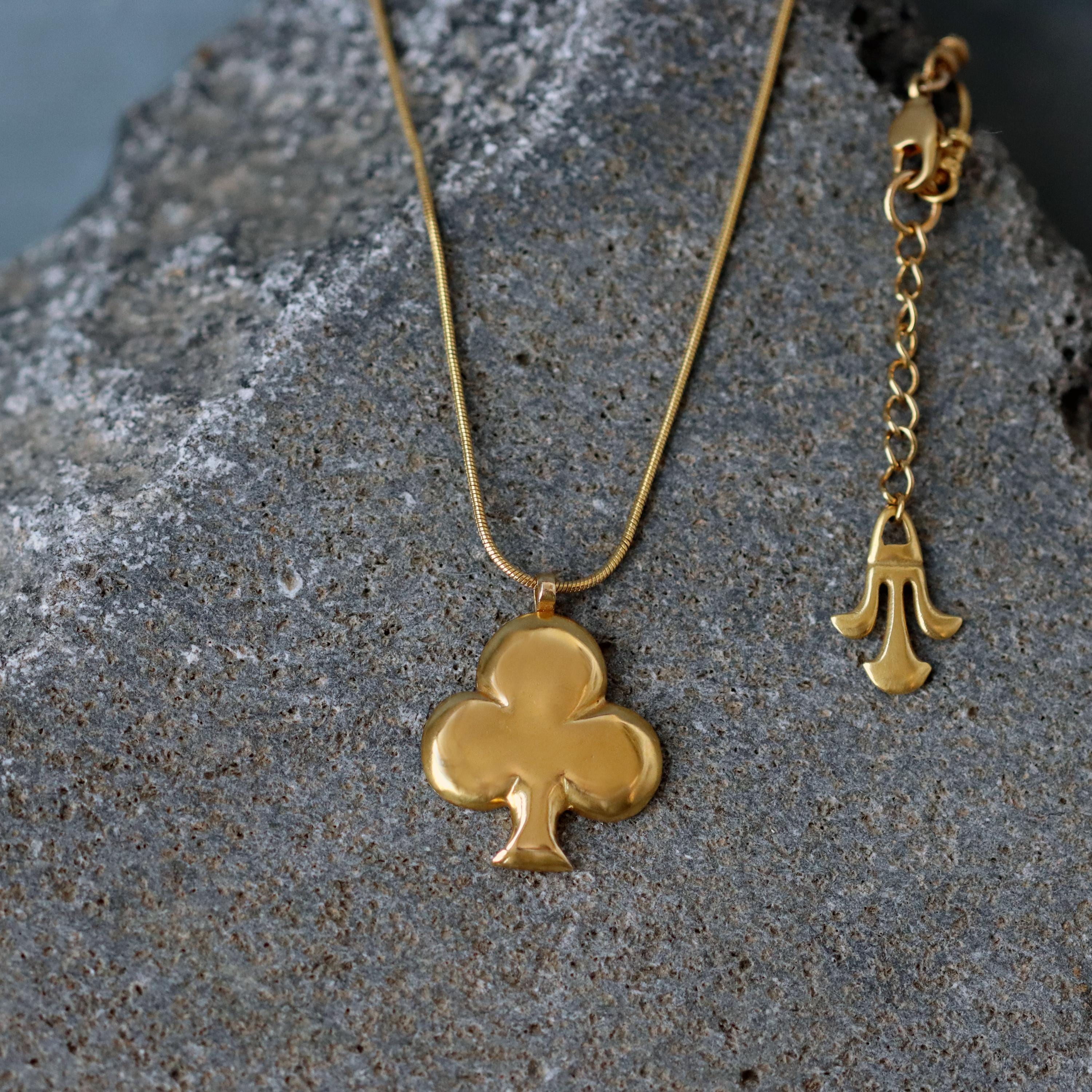 Handcrafted Gold Ace of Clubs Long Pendant Necklace for Luck • Club Symbol Pendant Necklace