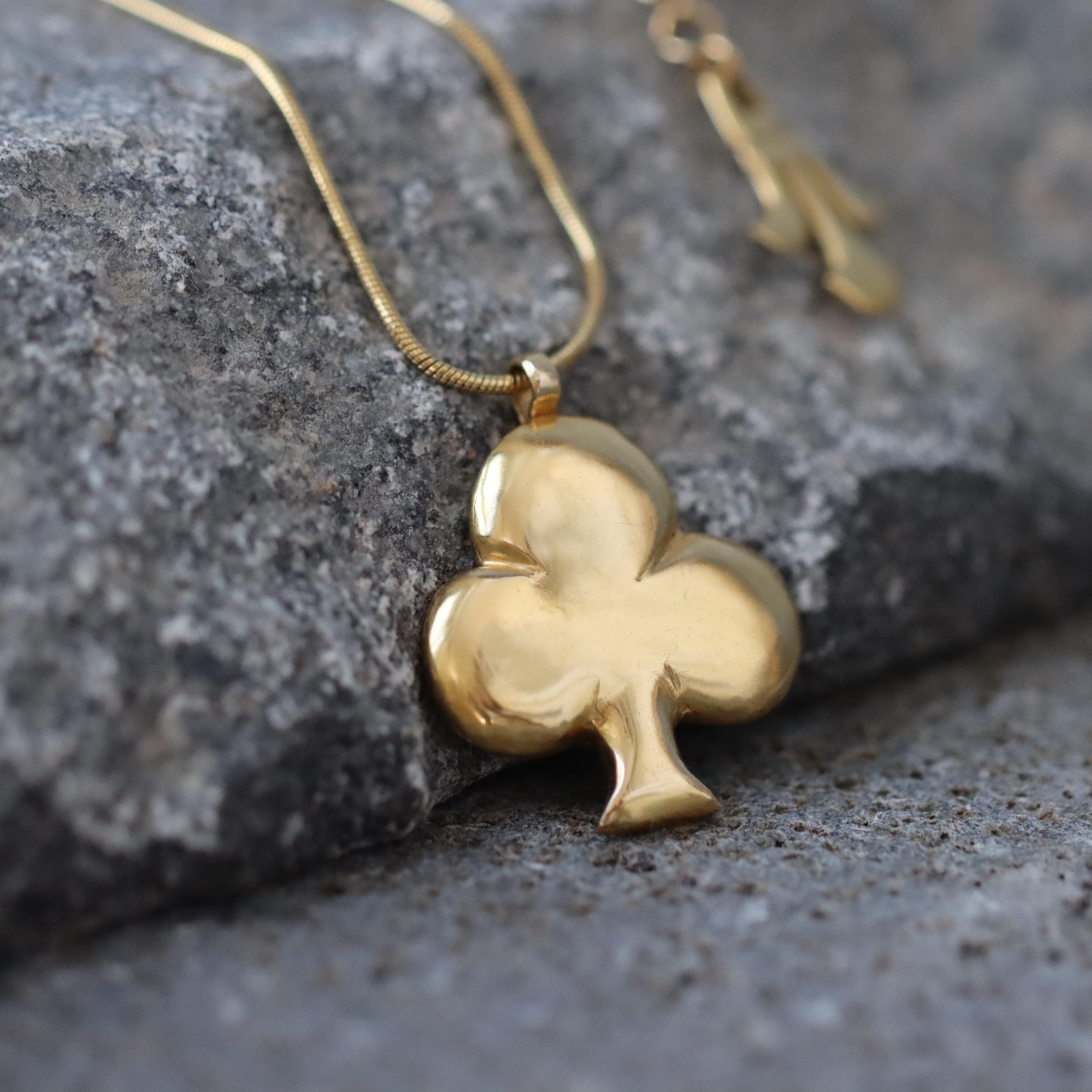 Handcrafted Gold Ace of Clubs Long Pendant Necklace for Luck • Club Symbol Pendant Necklace