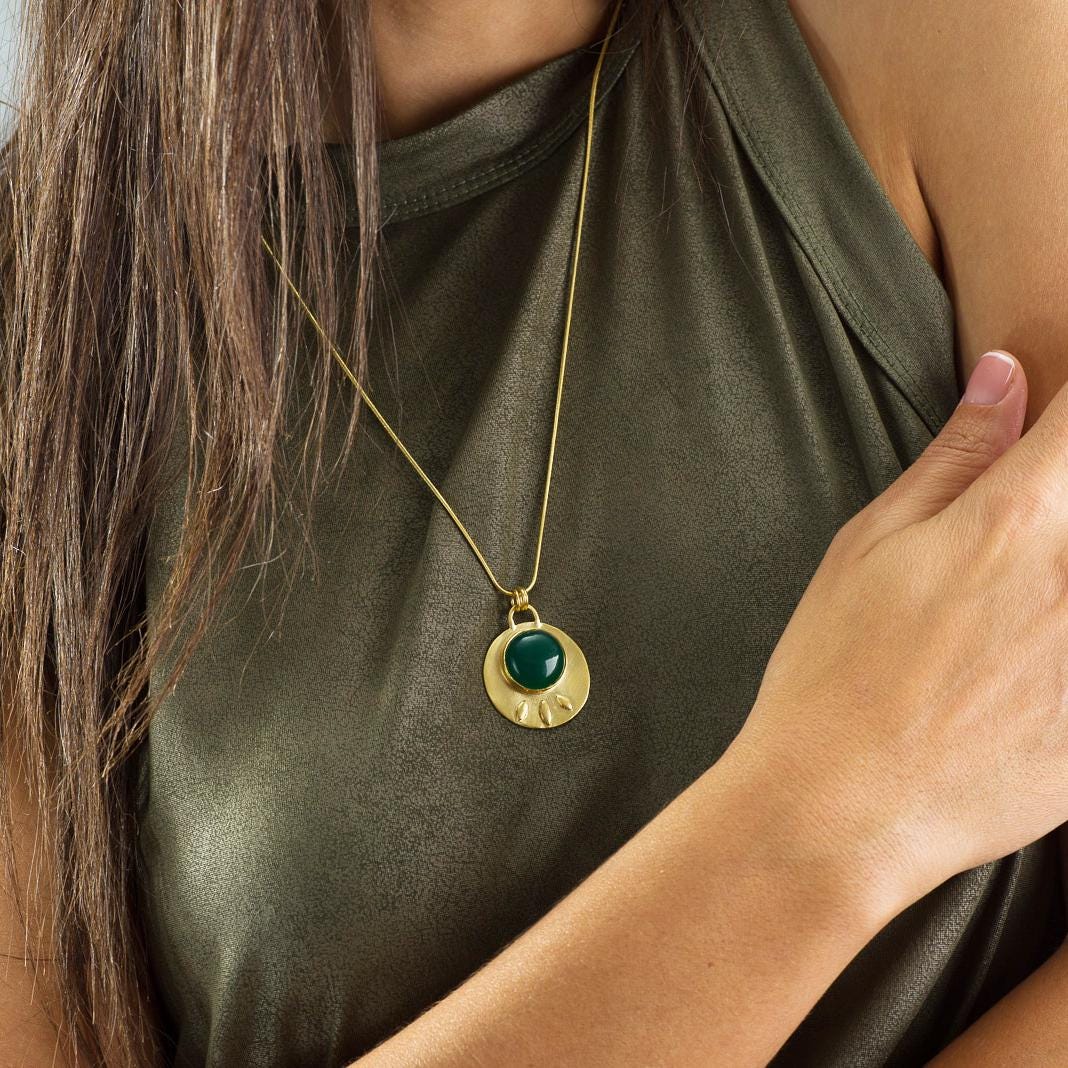 Green Onyx Stone Statement Round Pendant - Handmade Long Gold Necklace