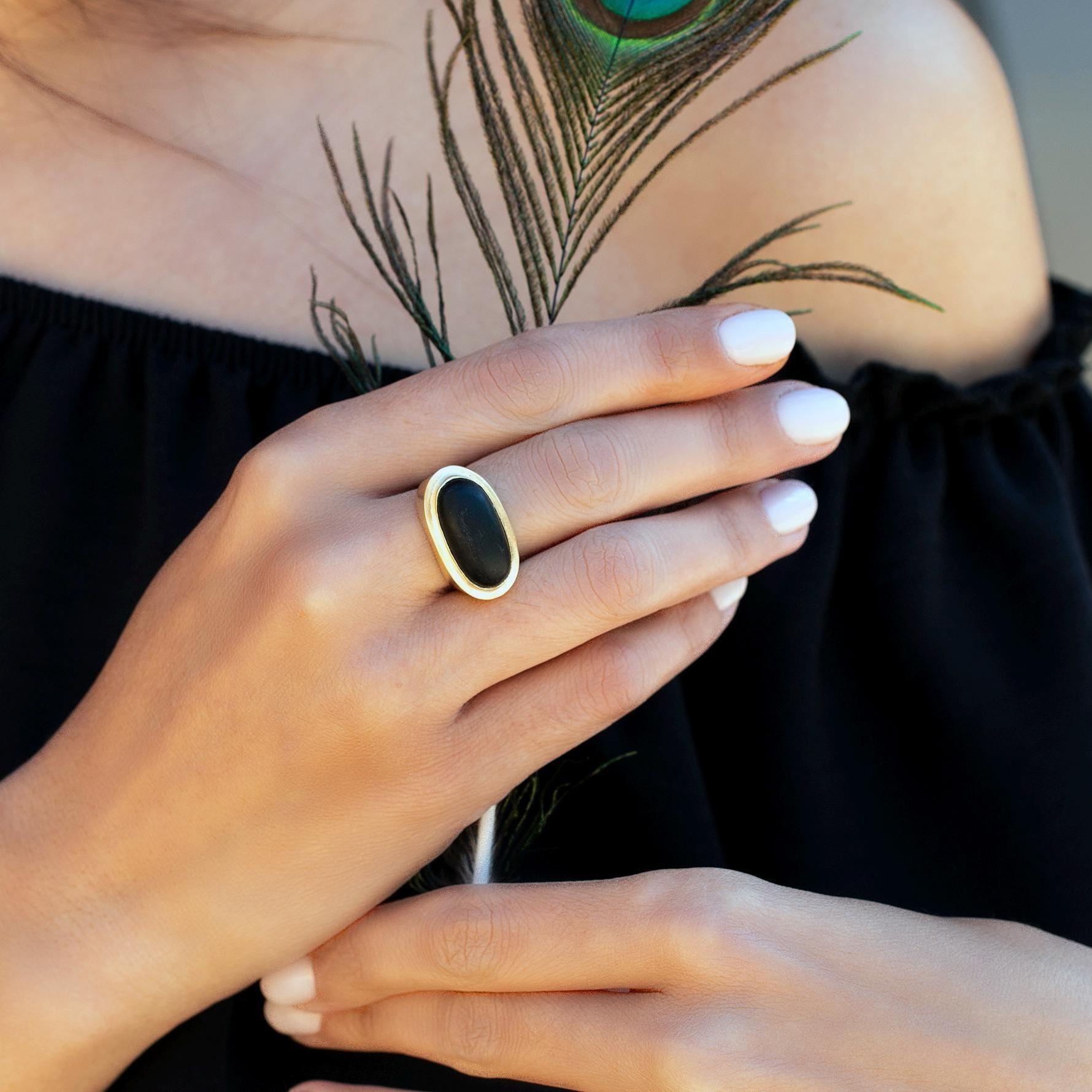 Gold Black Onyx Oval Ring - February Birthstone Cocktail Jewelry • Statement Big Ring