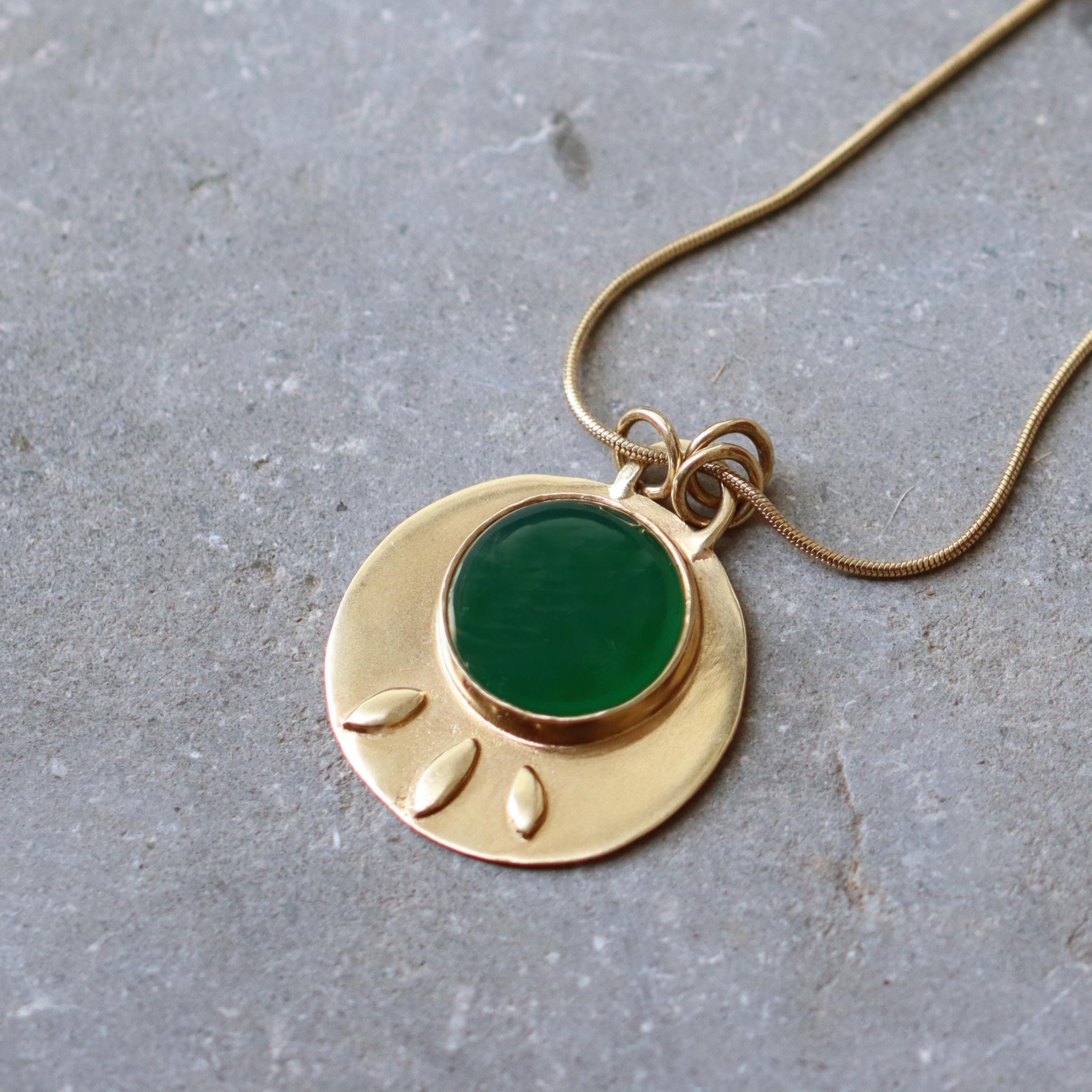 Gold Long Chain Round Green Onyx Pendant - Gemstone Necklace • Handcrafted Statement Necklace • February Birthstone Gift for Women