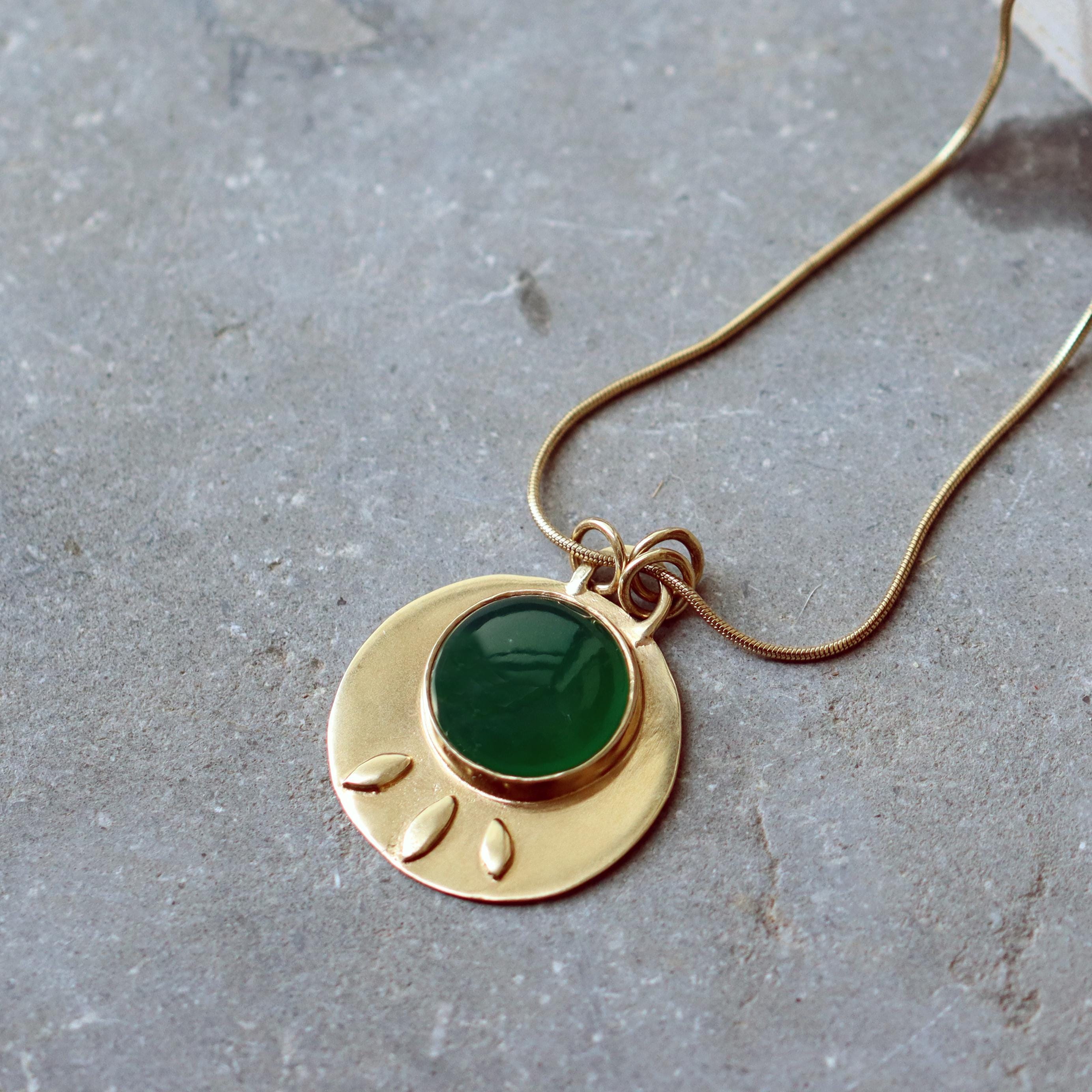 Green Onyx Stone Statement Round Pendant - Handmade Long Gold Necklace