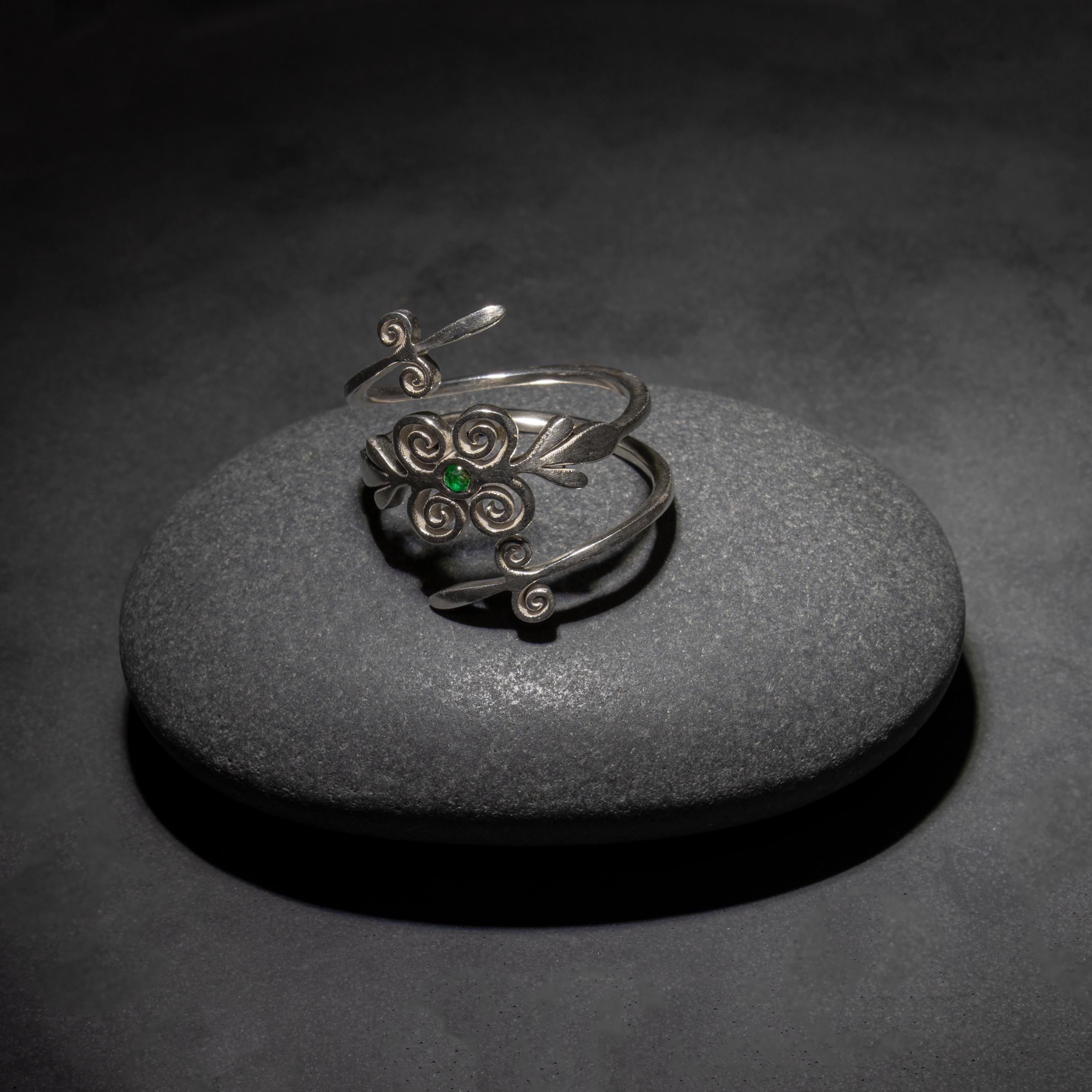 Emerald Spiral Sterling Silver Ring - Handcrafted Minimalist Jewelry • Dainty Open Wrap Ring