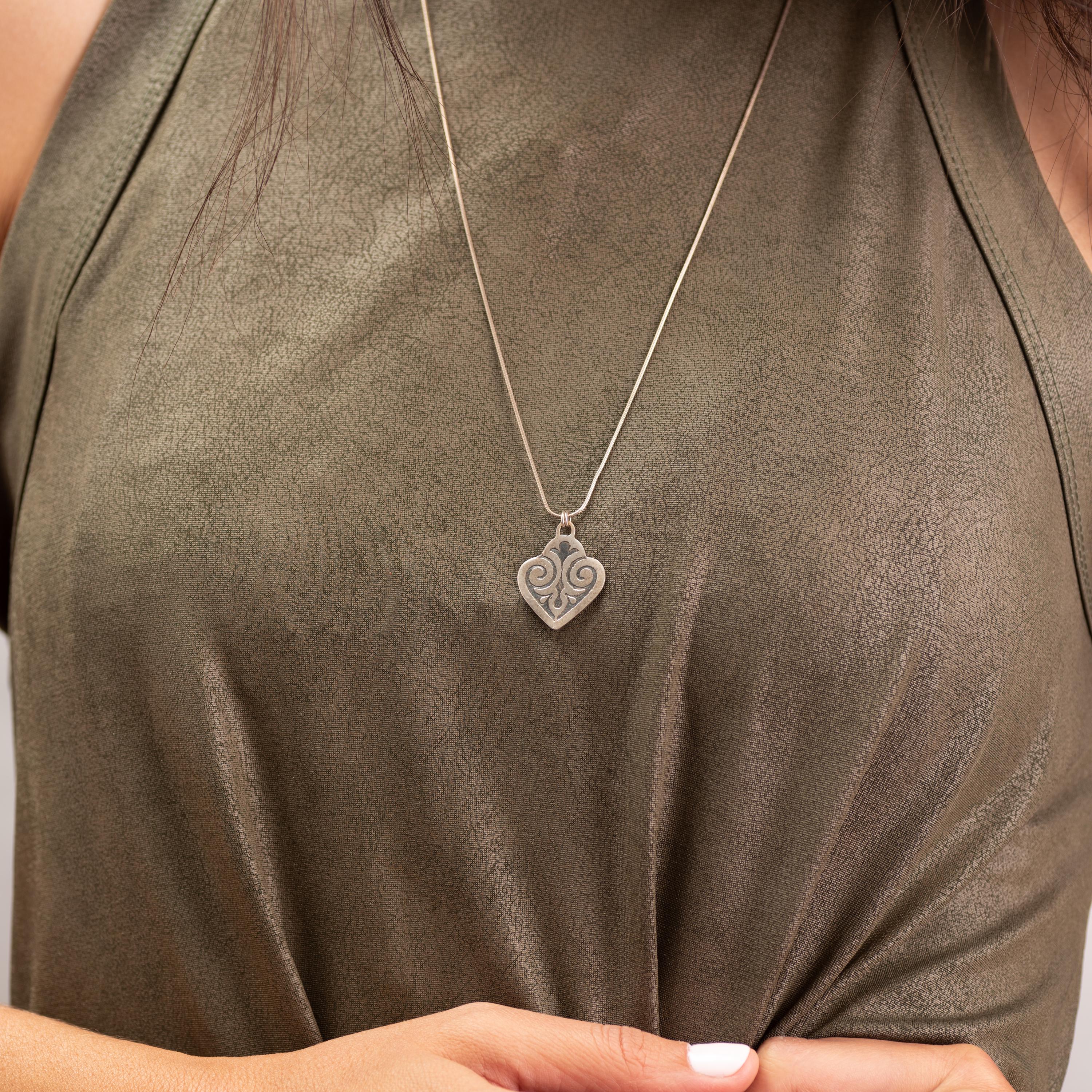 Oxidized Silver Heart Necklace • Vintage Engraved Pendant