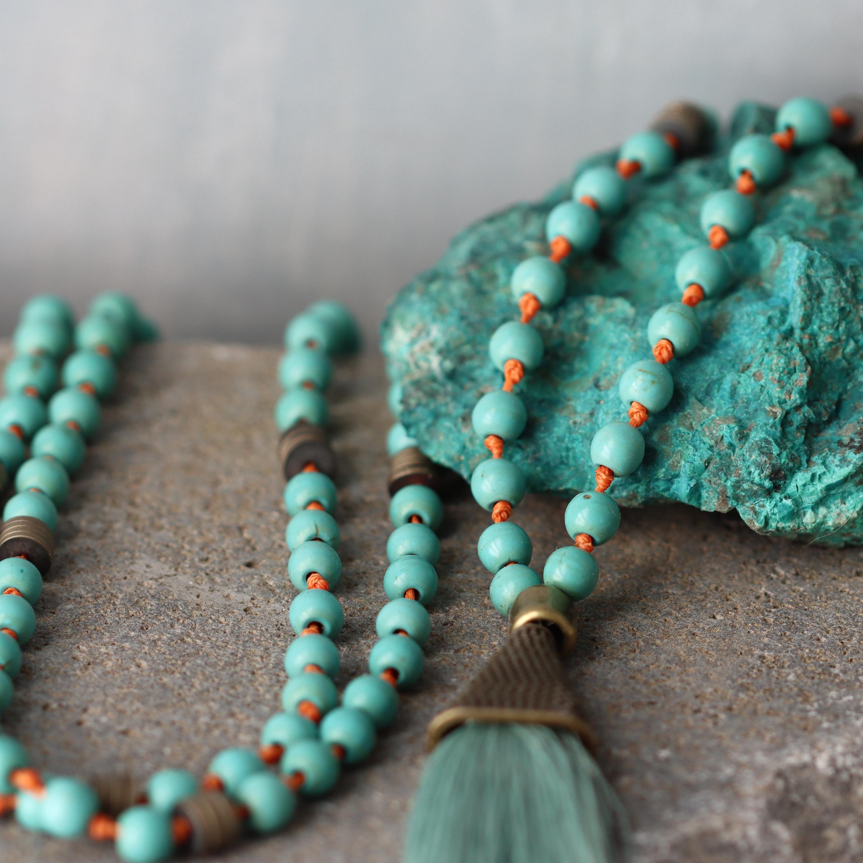 Turquoise Mala Necklace • Long Beaded Tassel Necklace • Boho Meditation Jewelry • Anxiety & Stress Relief Gift