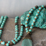 Turquoise Mala Necklace • Long Beaded Tassel Necklace • Boho Meditation Jewelry • Anxiety & Stress Relief Gift