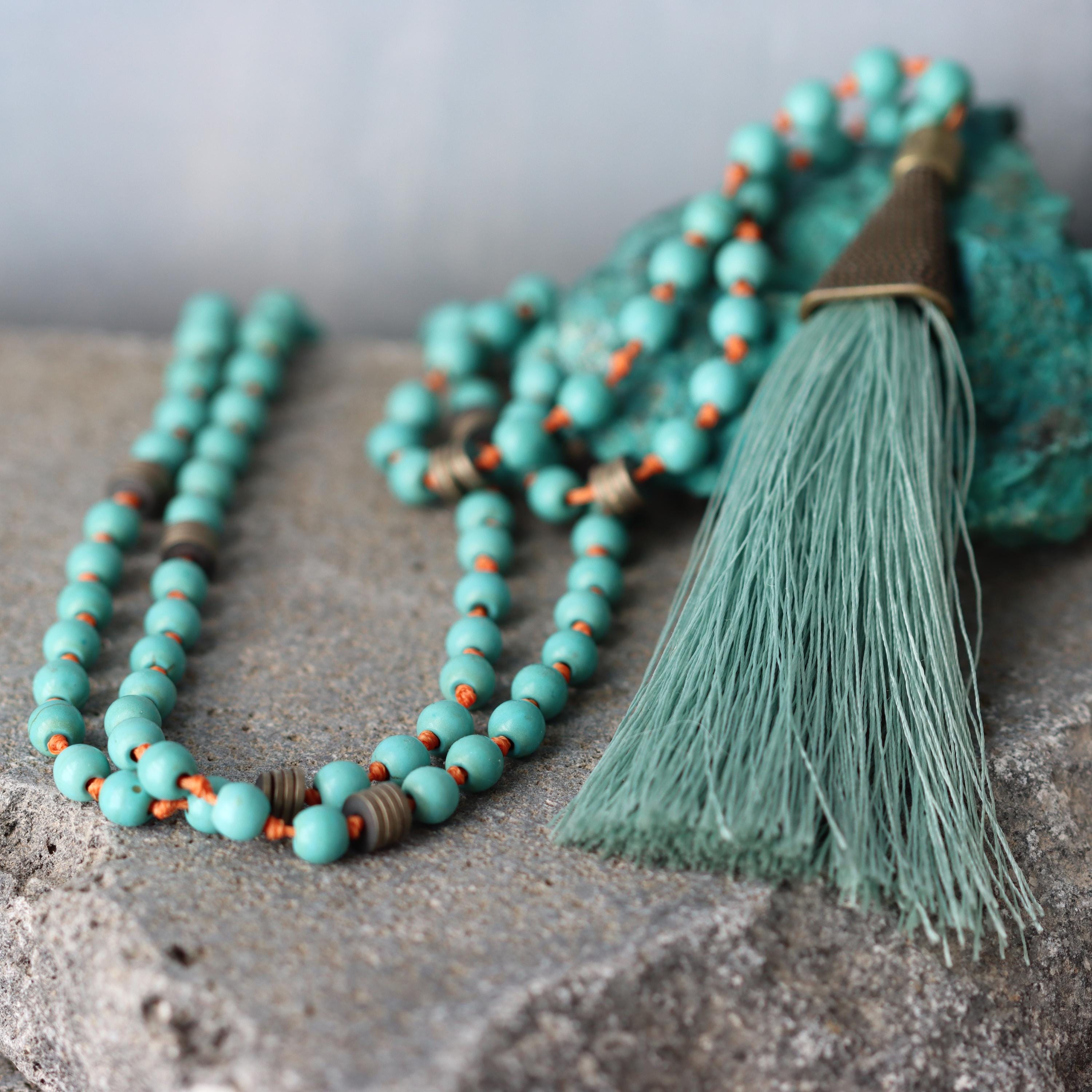 Turquoise Mala Necklace • Long Beaded Tassel Necklace • Boho Meditation Jewelry • Anxiety & Stress Relief Gift