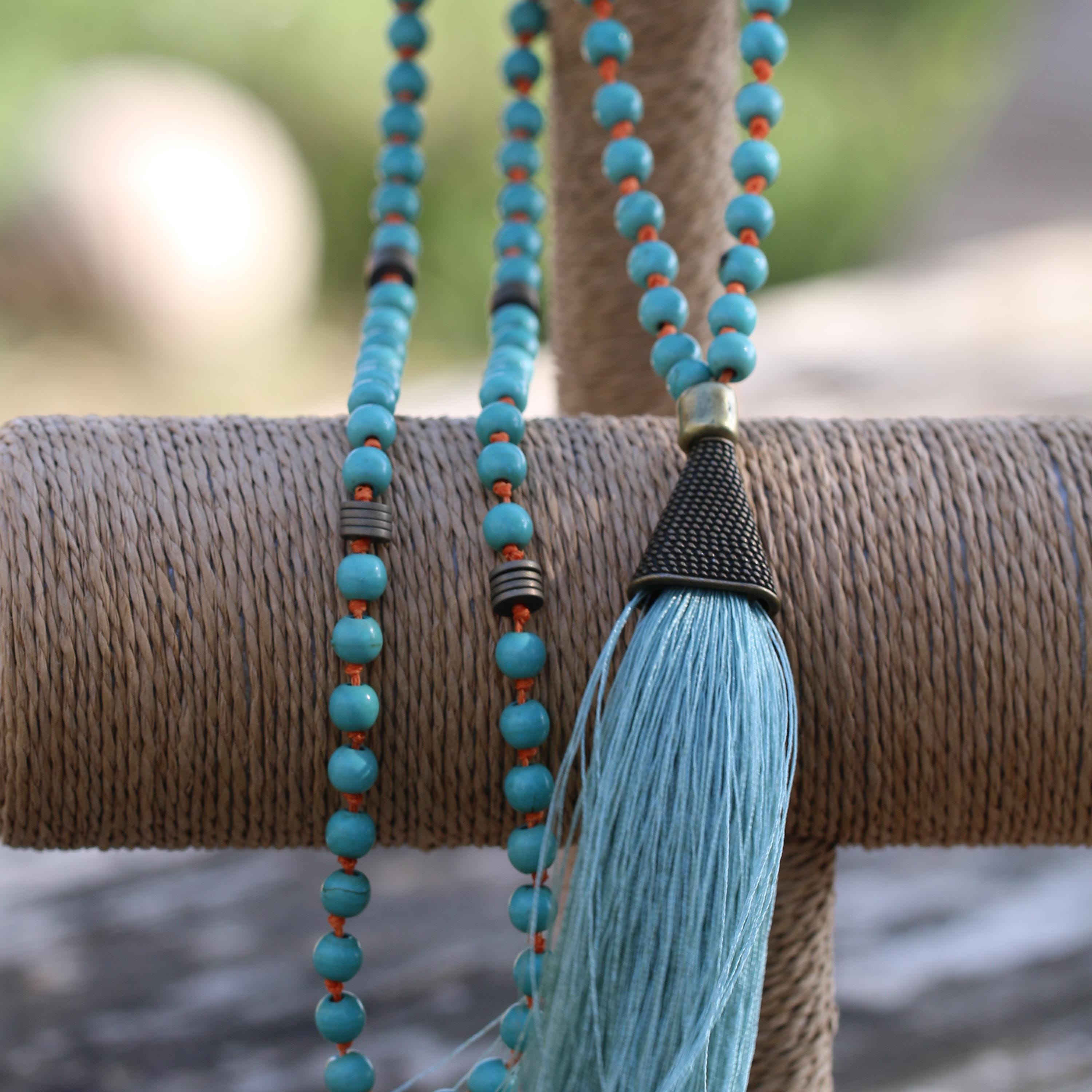 Turquoise Mala Necklace • Long Beaded Tassel Necklace • Boho Meditation Jewelry • Anxiety & Stress Relief Gift