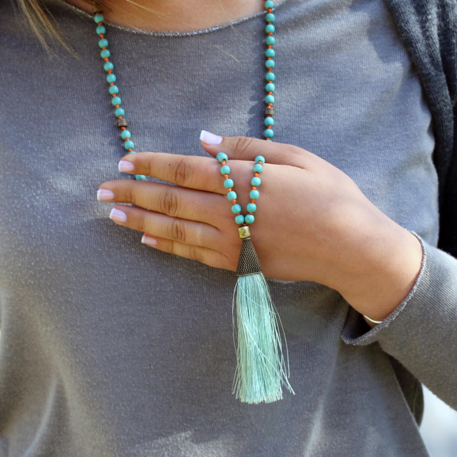 Turquoise Mala Necklace • Long Beaded Tassel Necklace • Boho Meditation Jewelry • Anxiety & Stress Relief Gift
