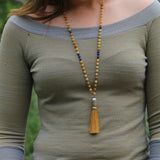 Honey Jade Mala Necklace • Handmade Knotted Gemstone Beads • Long Tassel Meditation Necklace for Women