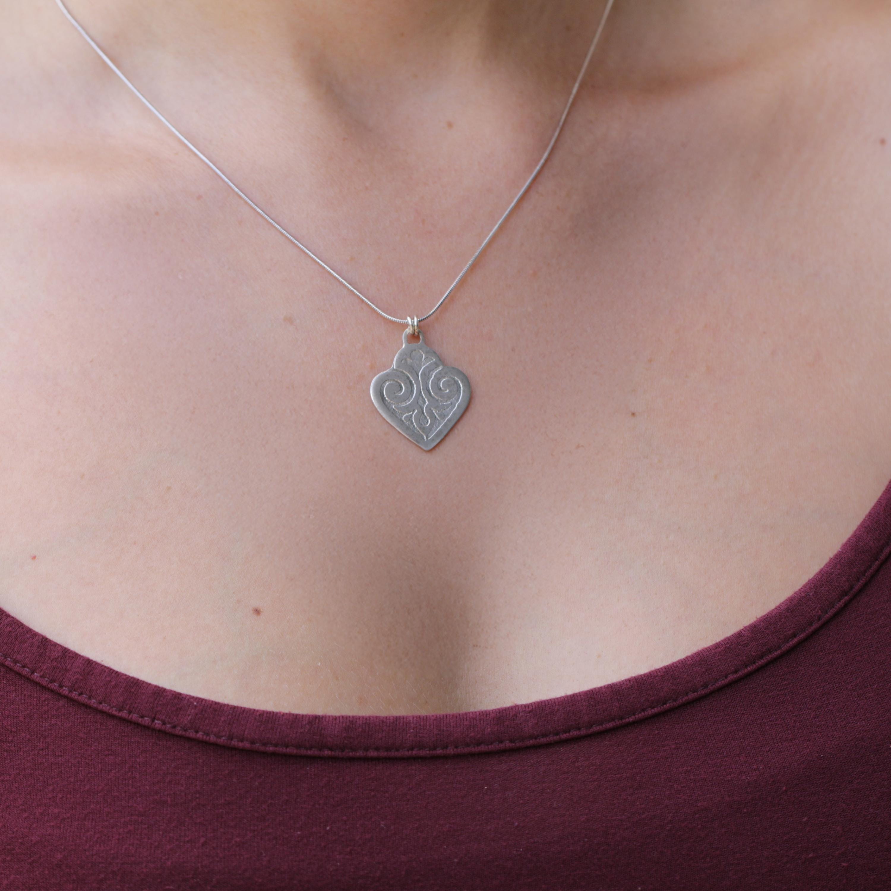Vintage Engraved Heart Necklace • Sterling Silver Jewelry Gift • Dainty Hand-Engraved Pendant for Women