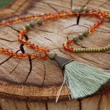 Carnelian Beaded Mala Necklace โข Hand-Knotted Gemstone Jewelry โข Long Boho Necklace with Green Tassel