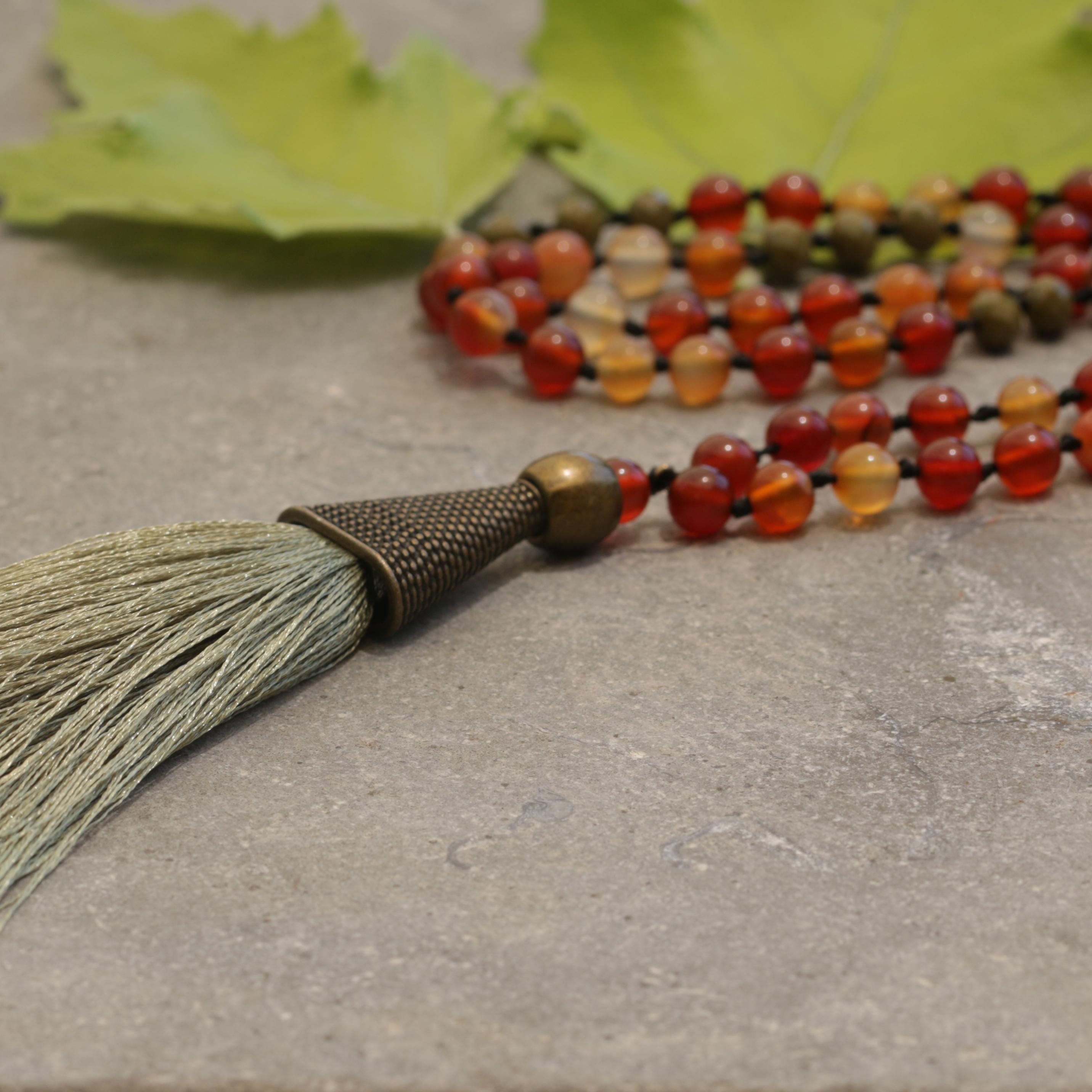 Carnelian Beaded Mala Necklace โข Hand-Knotted Gemstone Jewelry โข Long Boho Necklace with Green Tassel