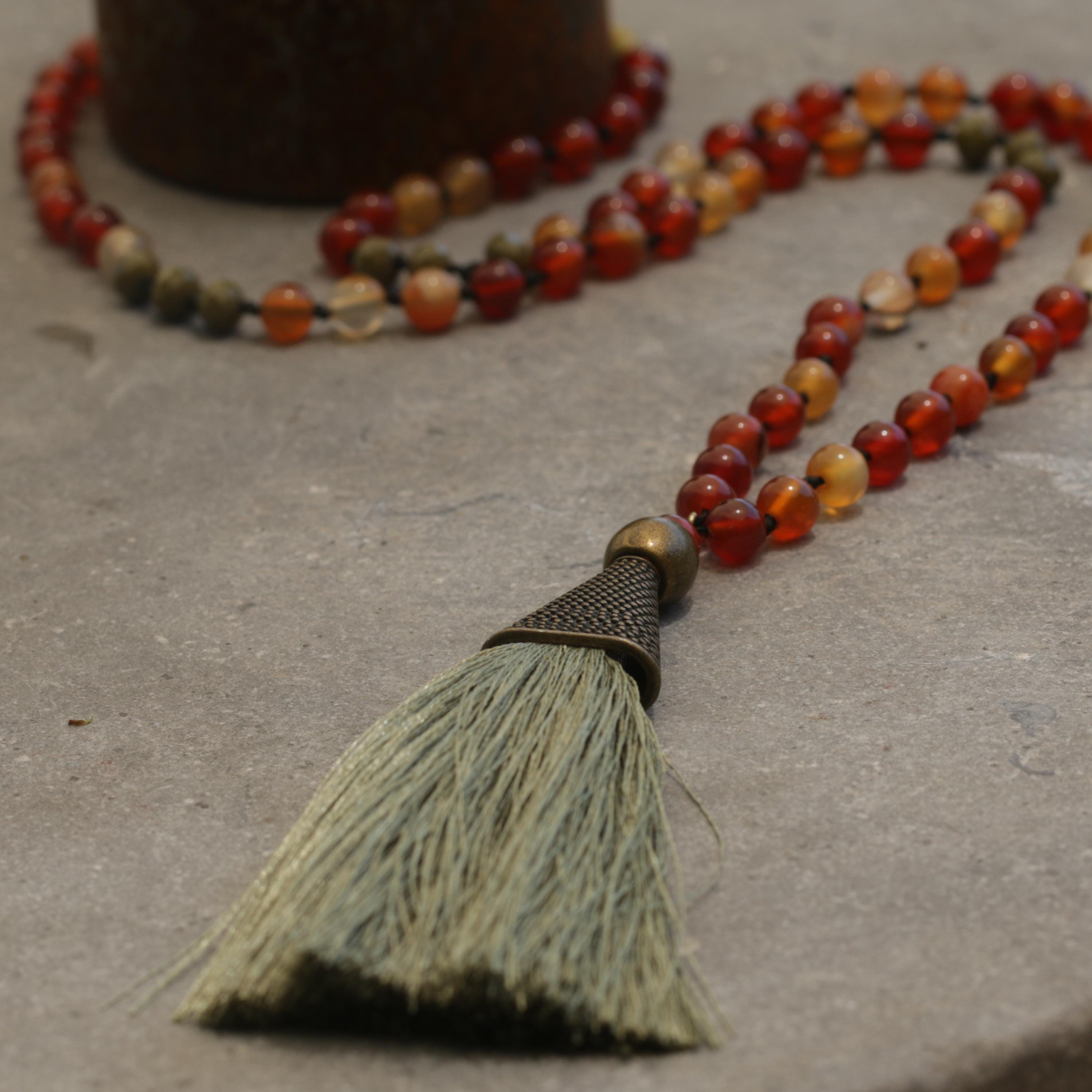 Carnelian Beaded Mala Necklace โข Hand-Knotted Gemstone Jewelry โข Long Boho Necklace with Green Tassel