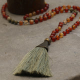 Carnelian Beaded Mala Necklace โข Hand-Knotted Gemstone Jewelry โข Long Boho Necklace with Green Tassel