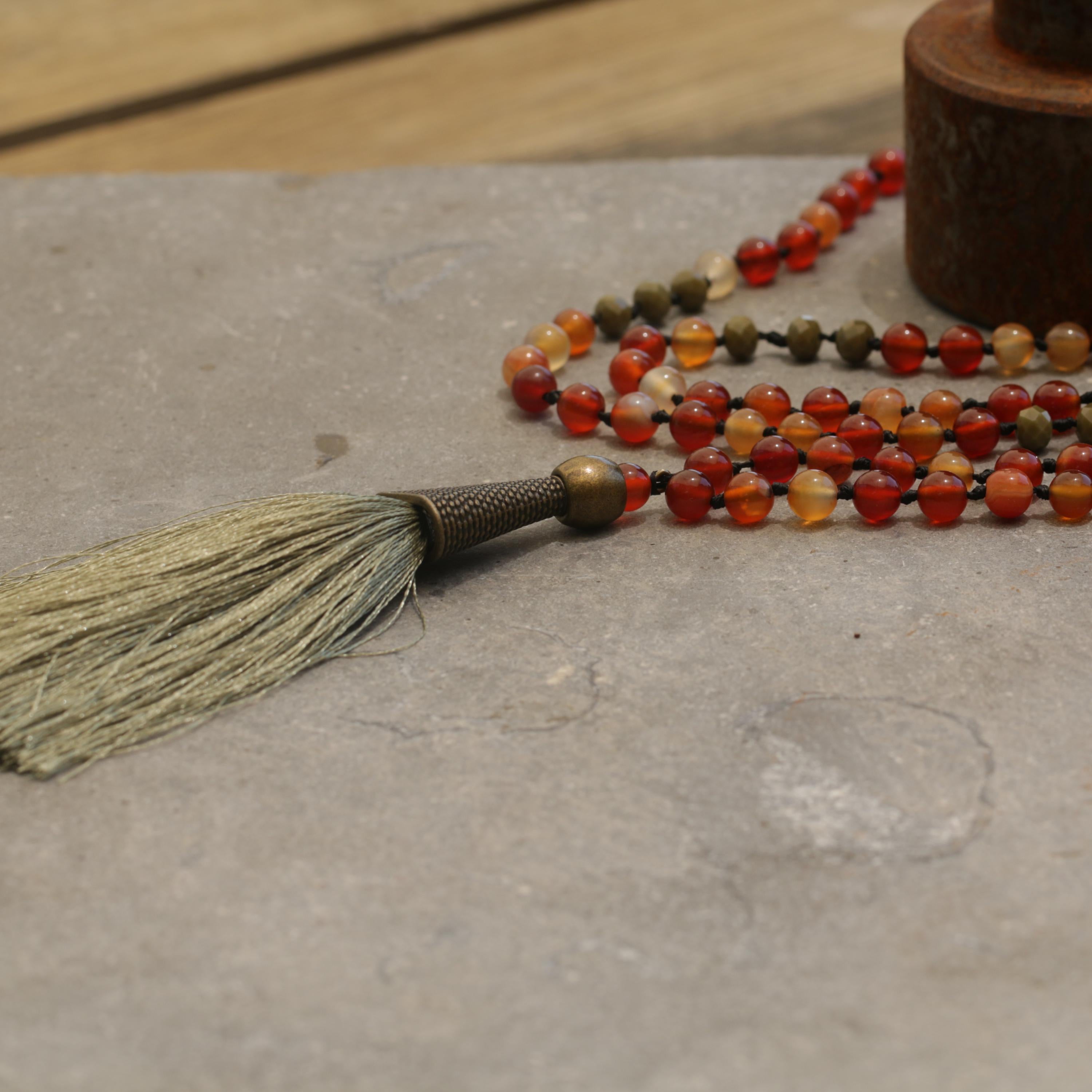 Carnelian Beaded Mala Necklace โข Hand-Knotted Gemstone Jewelry โข Long Boho Necklace with Green Tassel