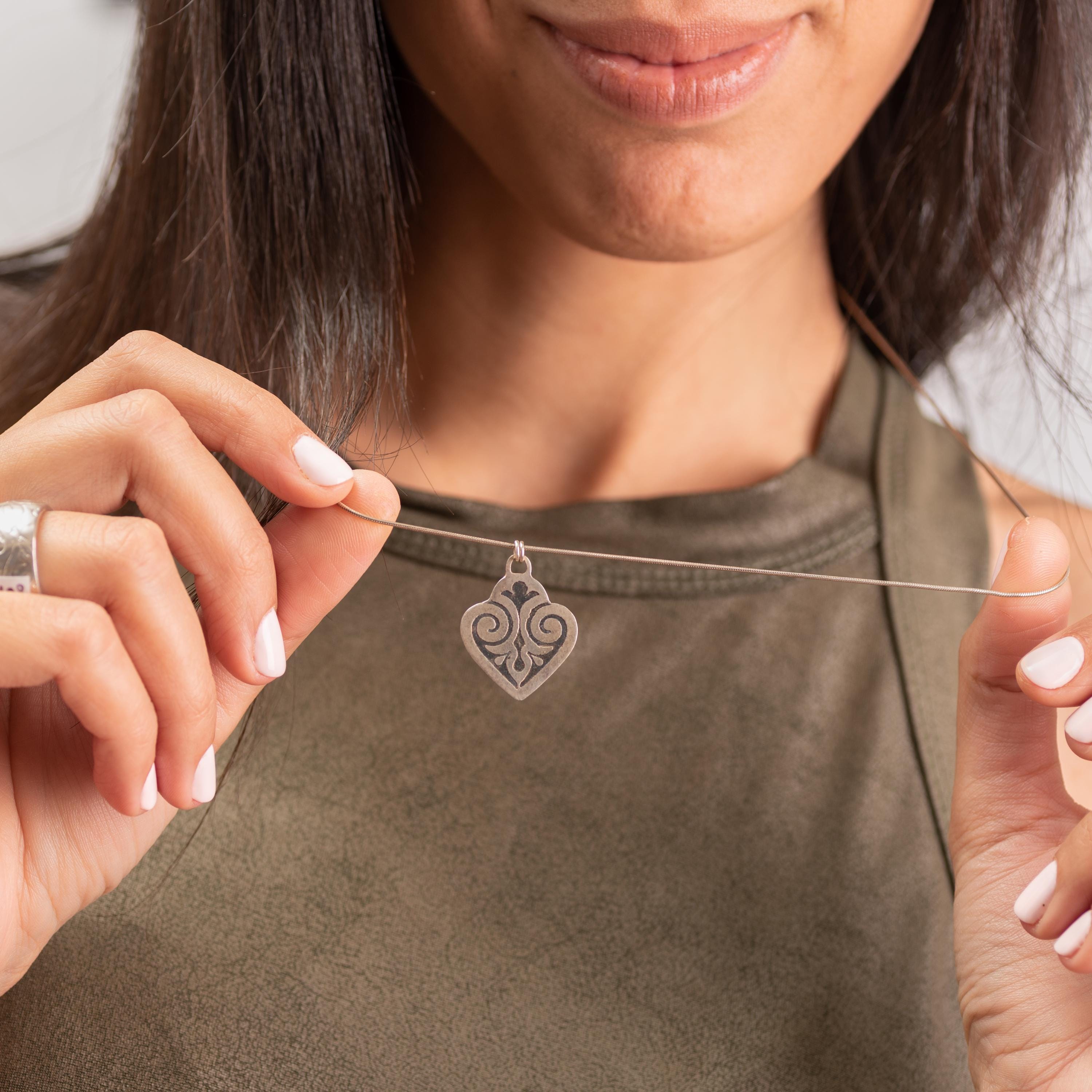 Oxidized Silver Heart Necklace • Vintage Engraved Pendant
