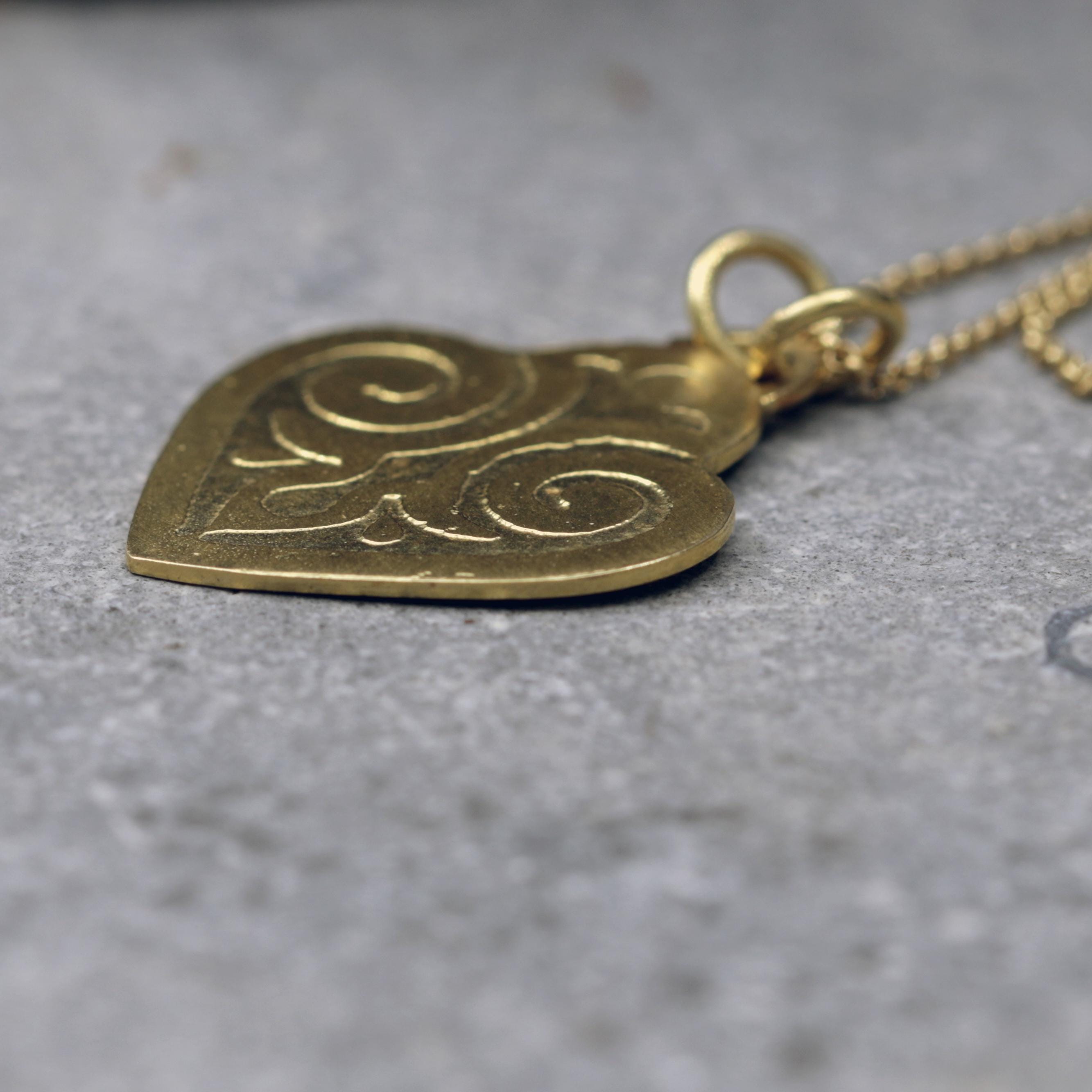 Engraved Gold Heart Necklace • Antique Style Pendant