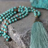 Turquoise Mala Necklace • Long Beaded Tassel Necklace • Boho Meditation Jewelry • Anxiety & Stress Relief Gift