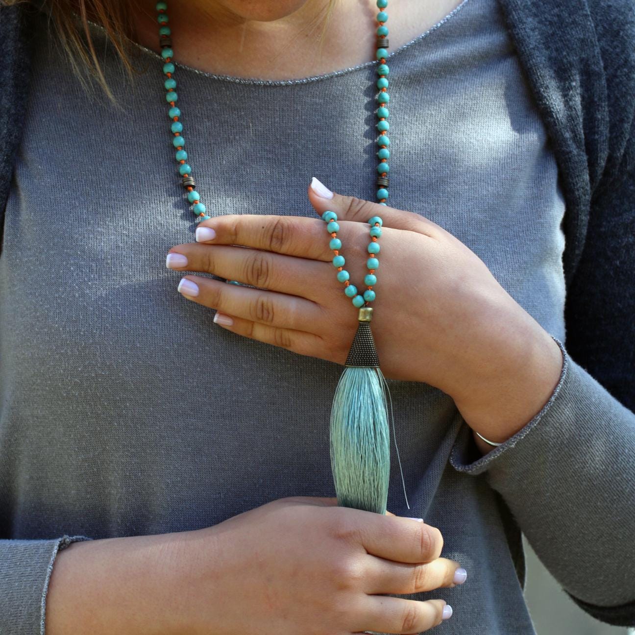 Turquoise Mala Necklace • Long Beaded Tassel Necklace • Boho Meditation Jewelry • Anxiety & Stress Relief Gift