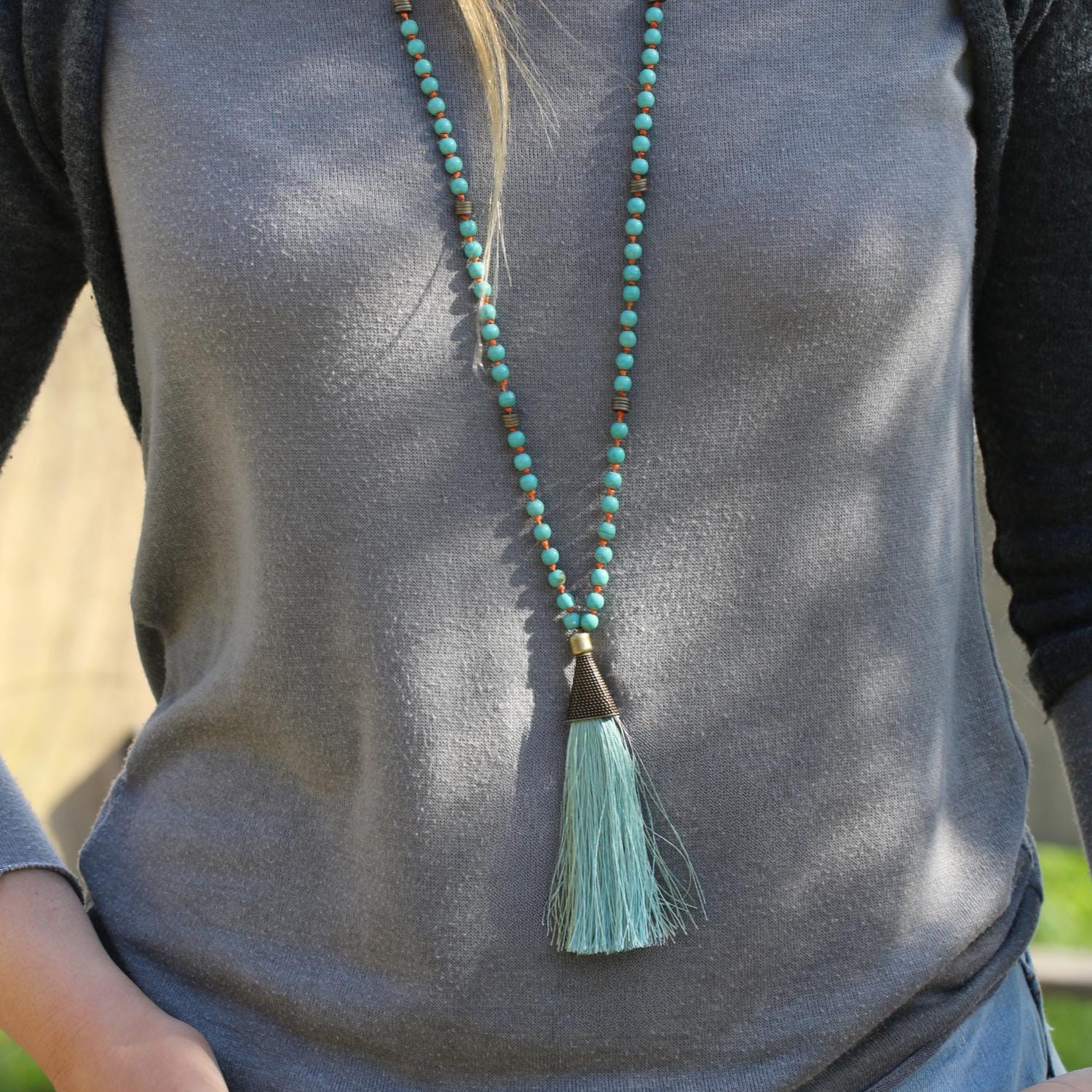 Turquoise Mala Necklace • Long Beaded Tassel Necklace • Boho Meditation Jewelry • Anxiety & Stress Relief Gift