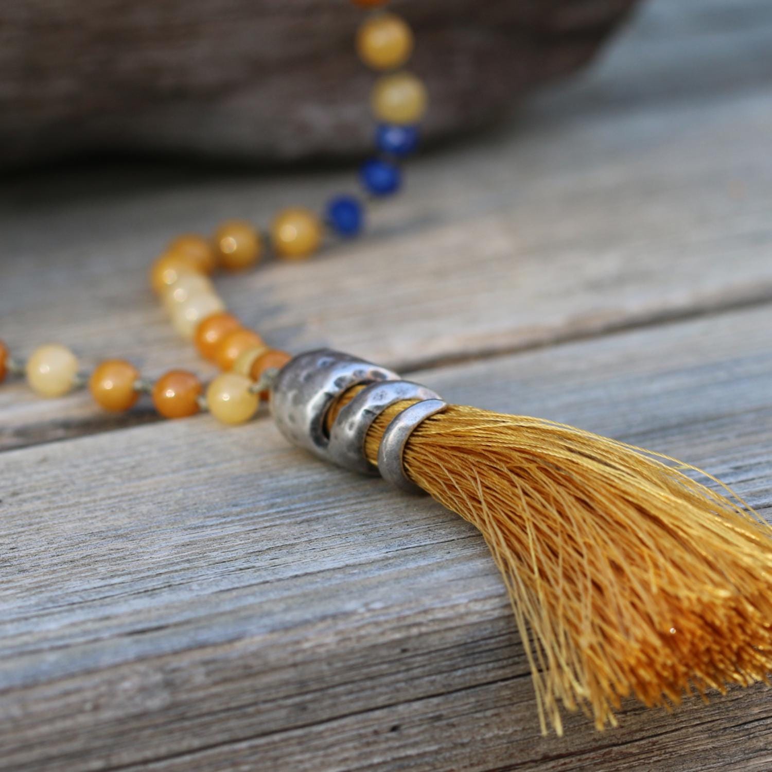 Honey Jade Mala Necklace • Handmade Knotted Gemstone Beads • Long Tassel Meditation Necklace for Women