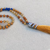 Honey Jade Mala Necklace • Handmade Knotted Gemstone Beads • Long Tassel Meditation Necklace for Women