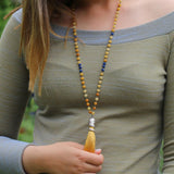 Honey Jade Mala Necklace • Handmade Knotted Gemstone Beads • Long Tassel Meditation Necklace for Women