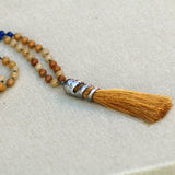 Honey Jade Mala Necklace • Handmade Knotted Gemstone Beads • Long Tassel Meditation Necklace for Women